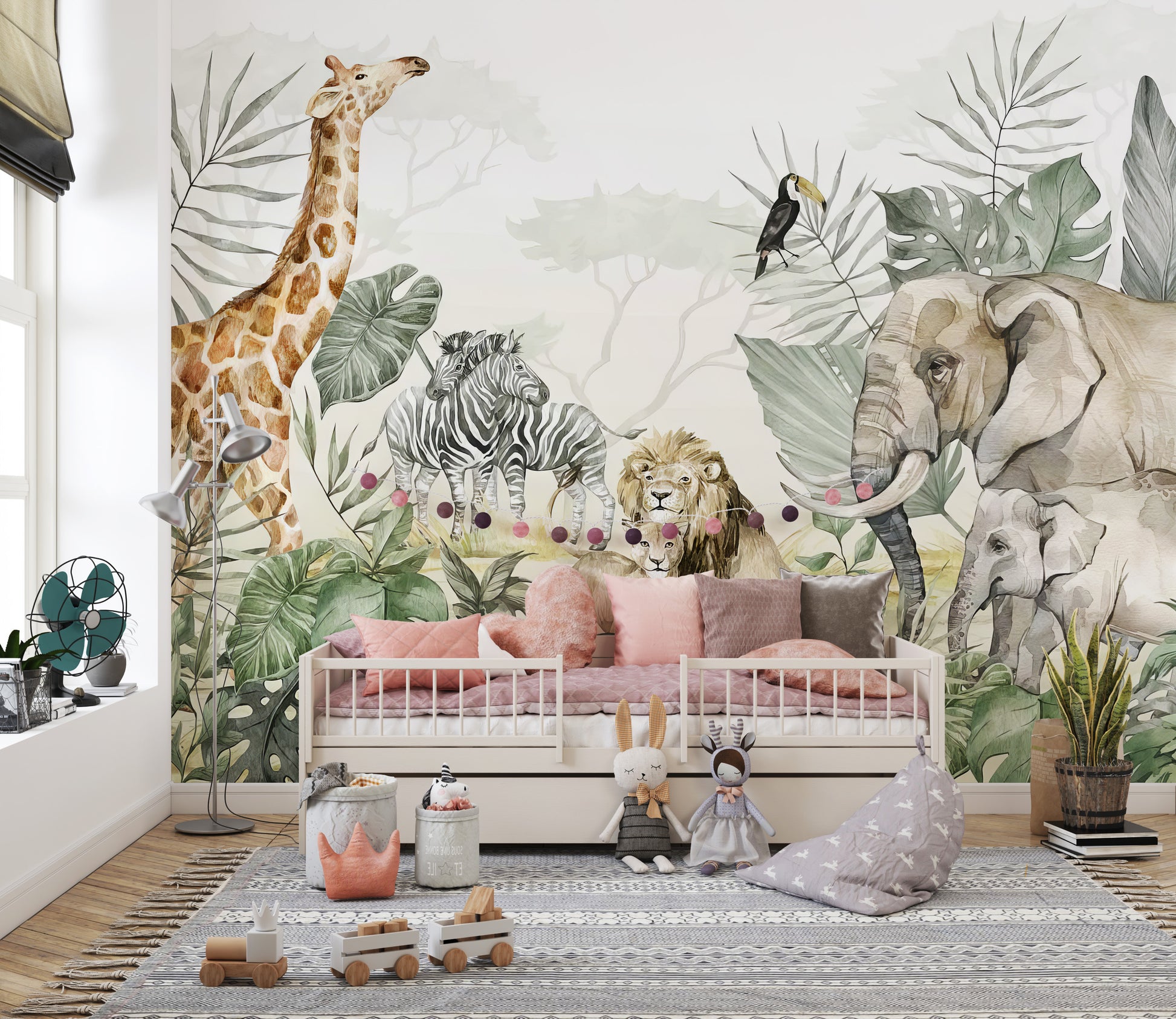 Exotic jungle wallpaper mural featuring safari wildlife scenes.
