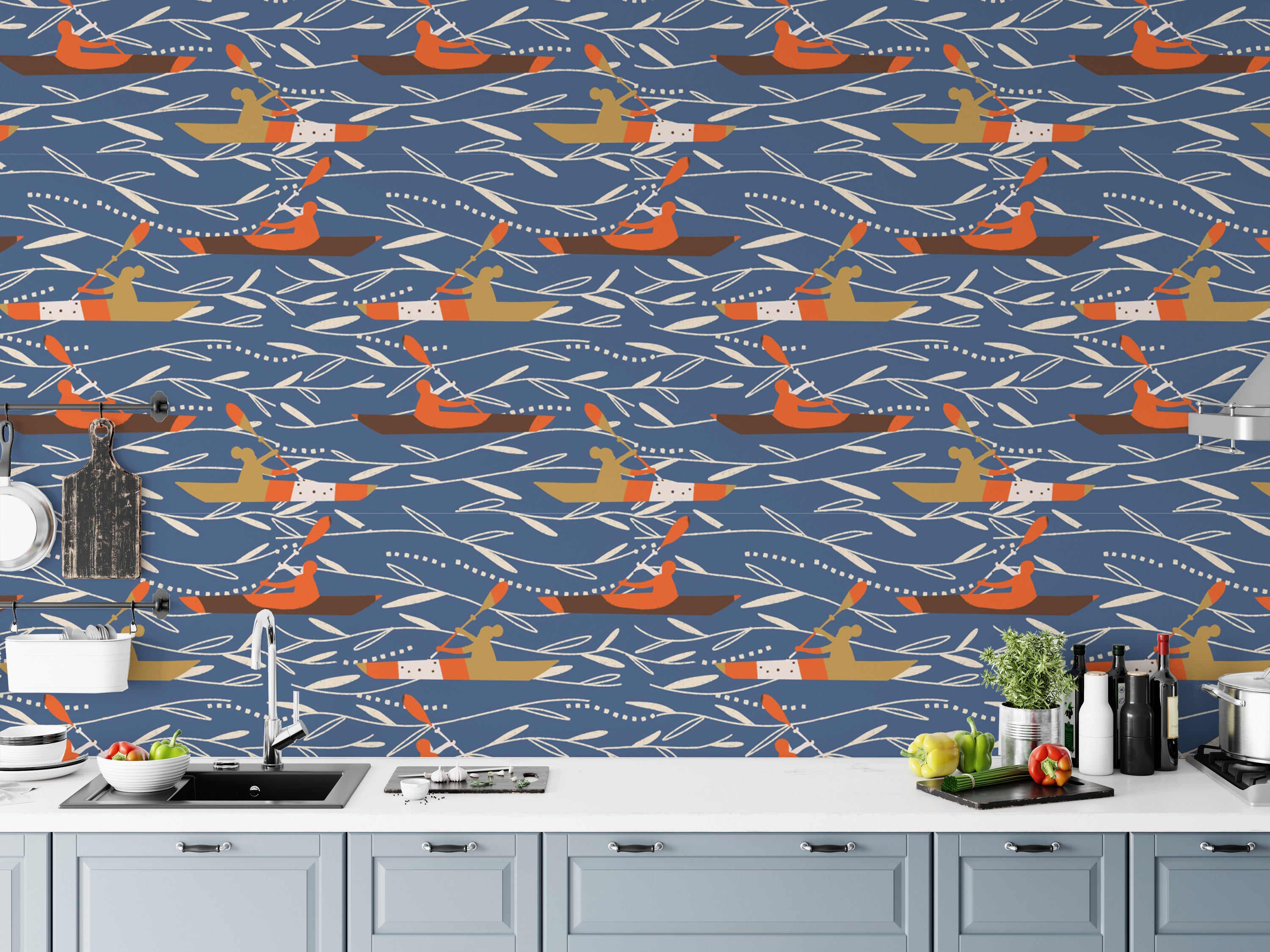 Adventure-themed canoeing wallpaper design
