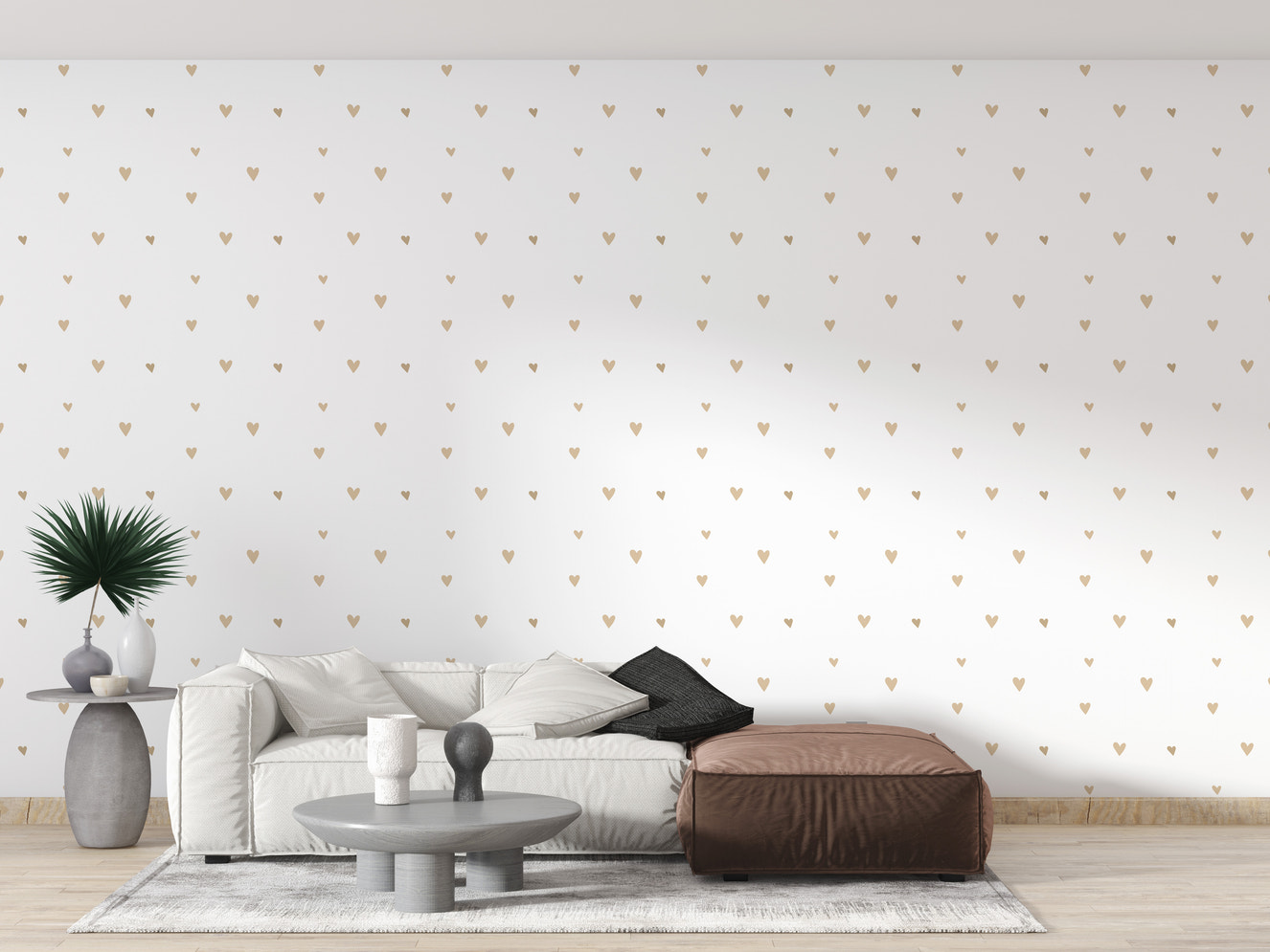 Delicate beige wallpaper with gold hearts