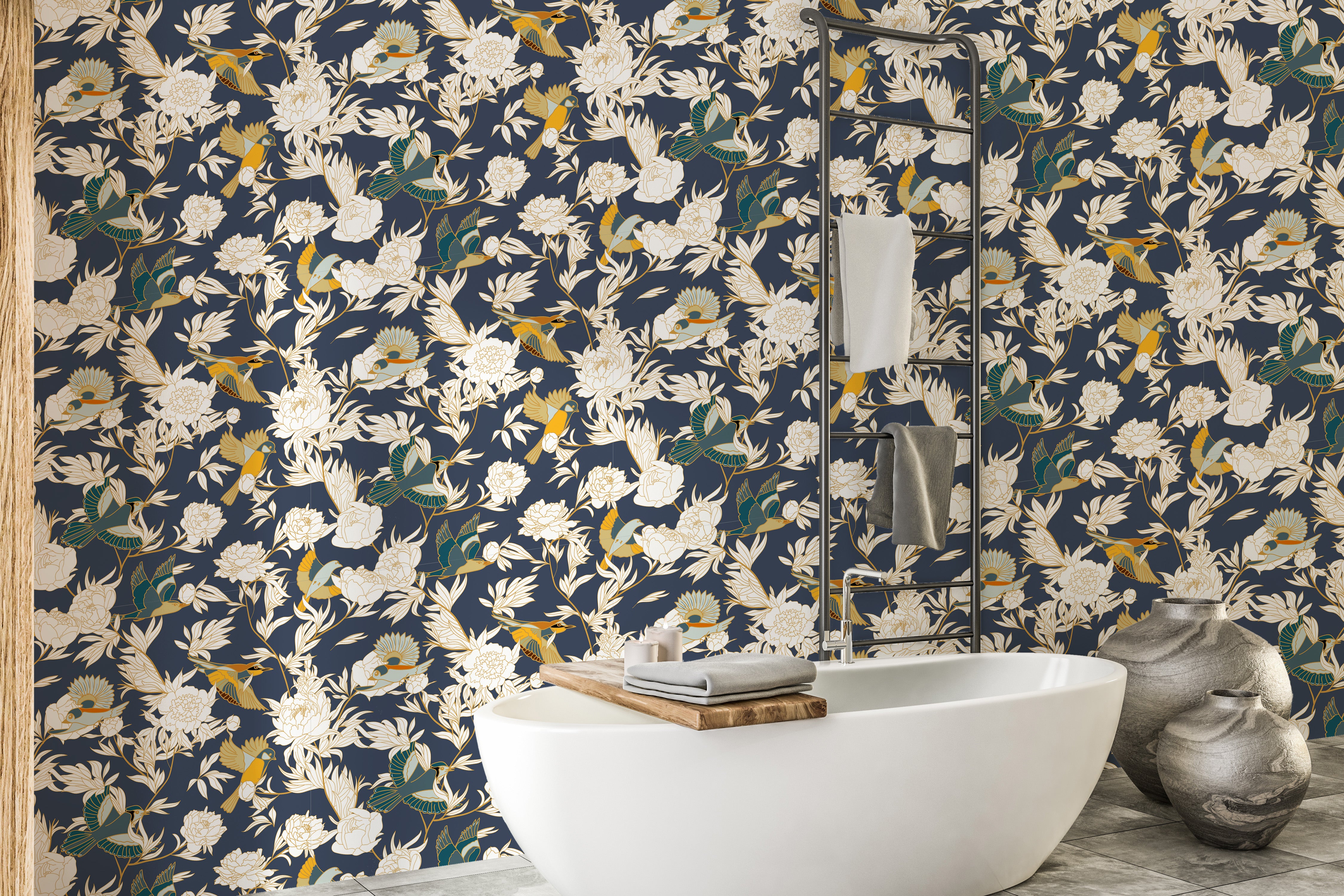 Nature-inspired floral wallpaper with birds