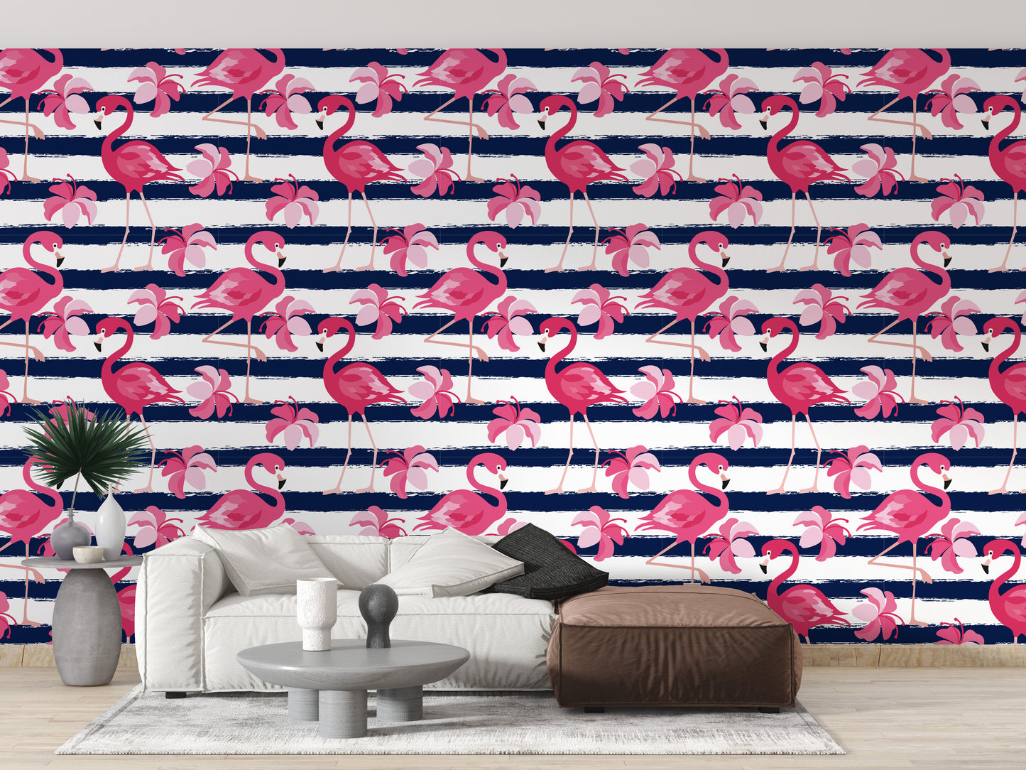 Blue Stripes & Pink Flamingo Wallpaper - Giffywalls