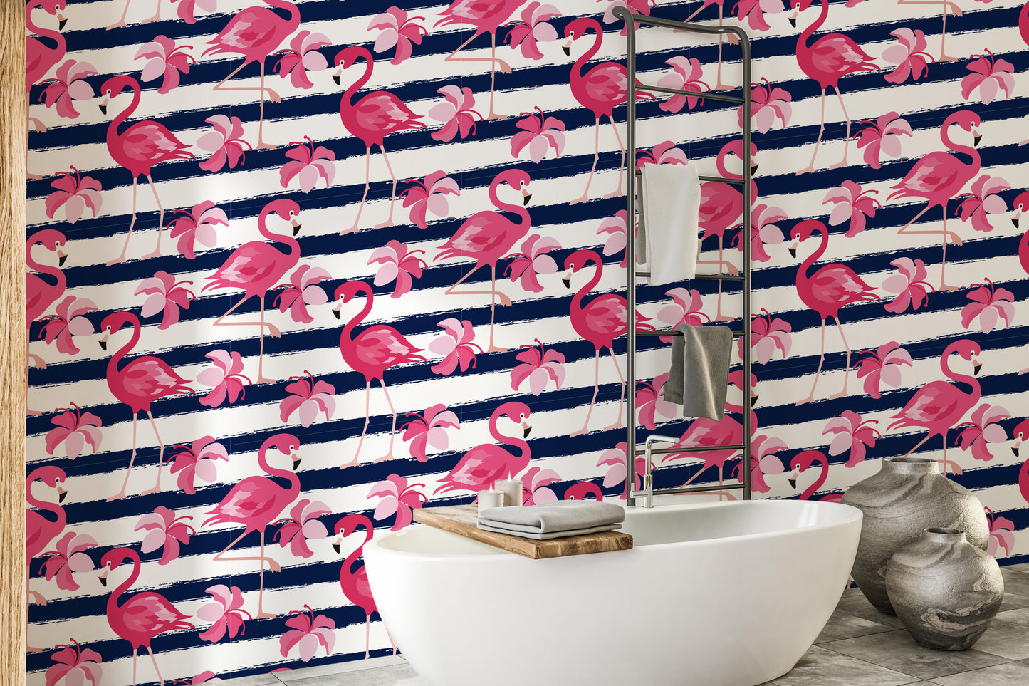 Blue Stripes & Pink Flamingo Wallpaper - Giffywalls