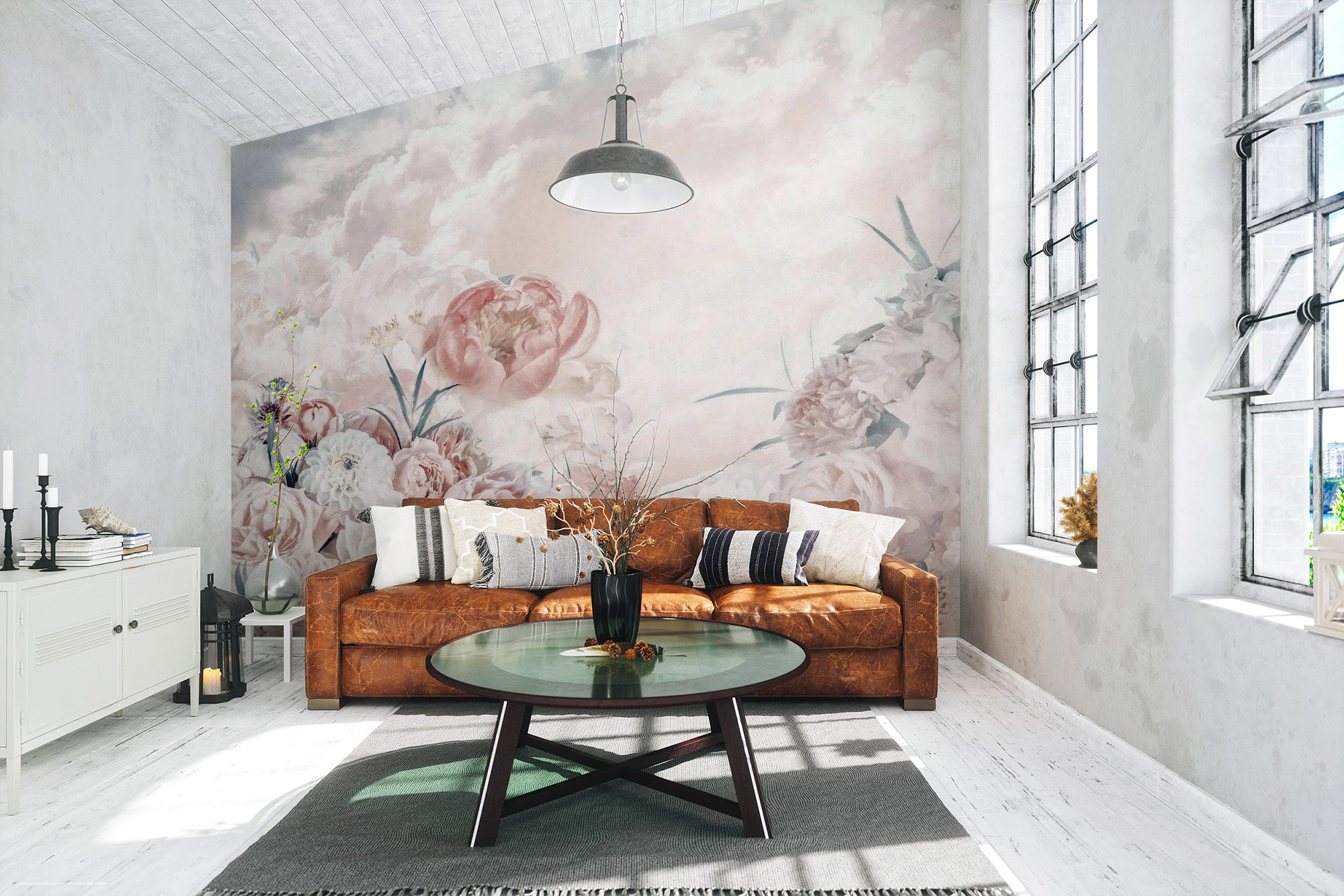 Pink and white flower mural for interiors