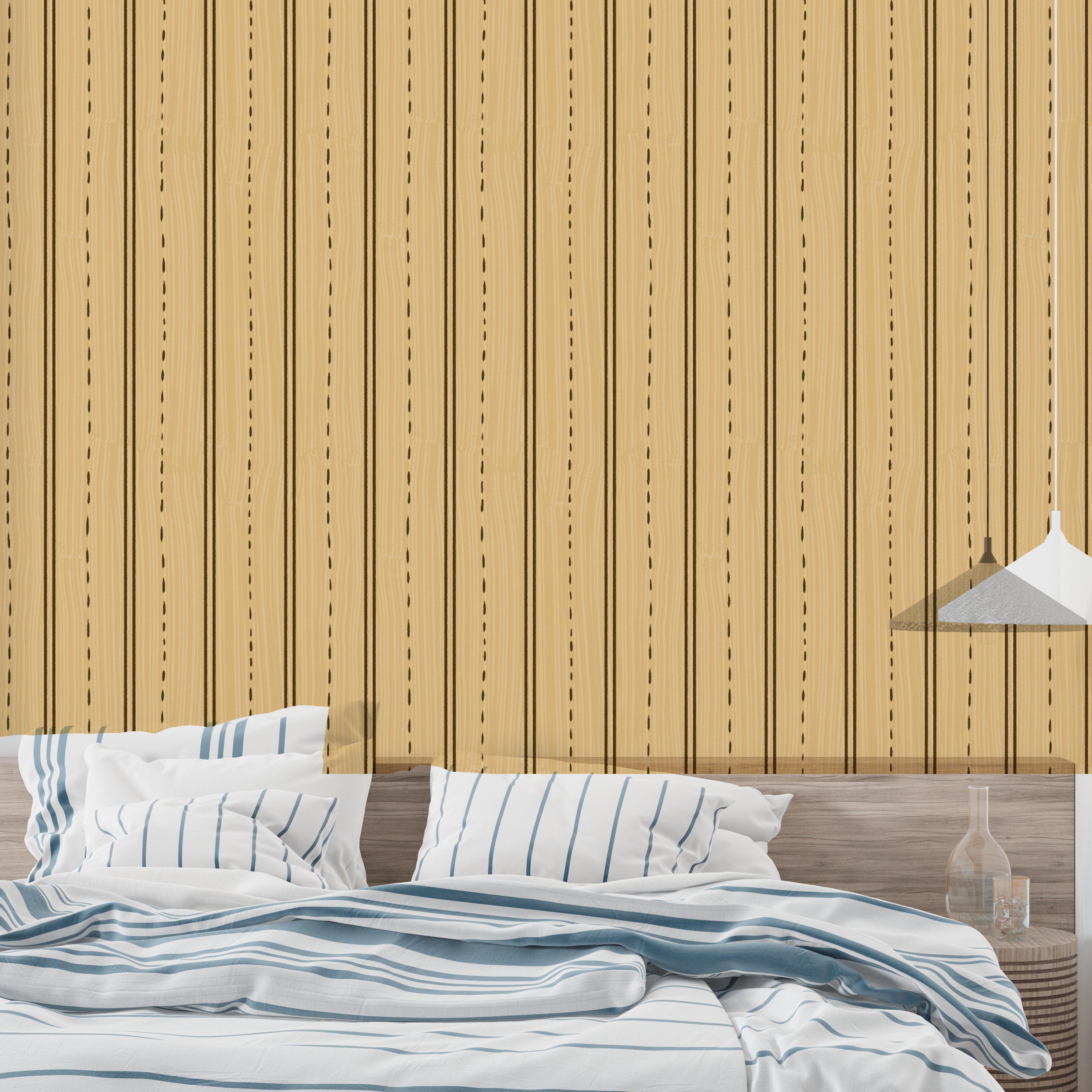 Rustic vertical wood stripe wallpaper for warm wall decor.