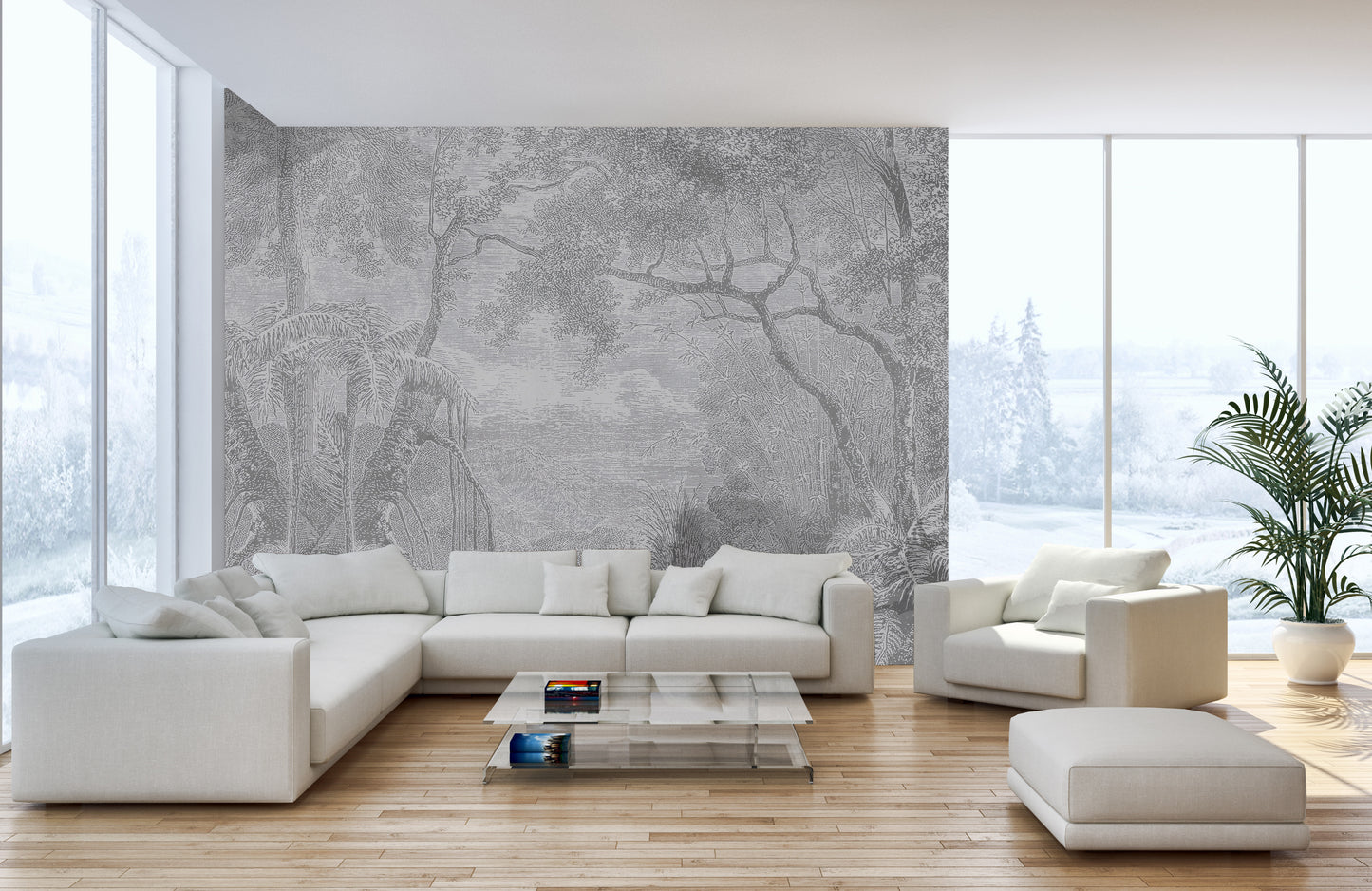 Gray Color Sketch Forest Wallpaper Murals for a Natural Look - Giffywalls