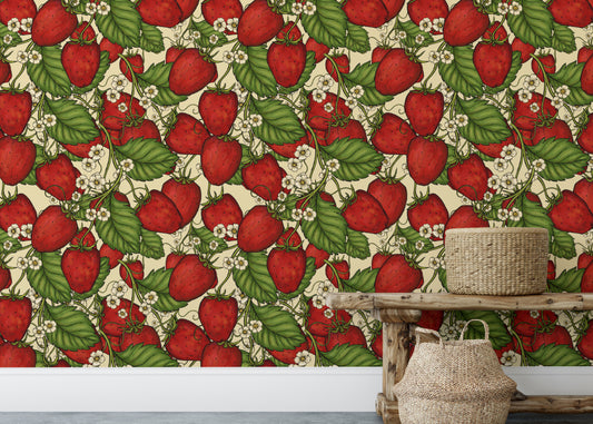 Whimsical red strawberry forest wallpaper for playful interiors.
