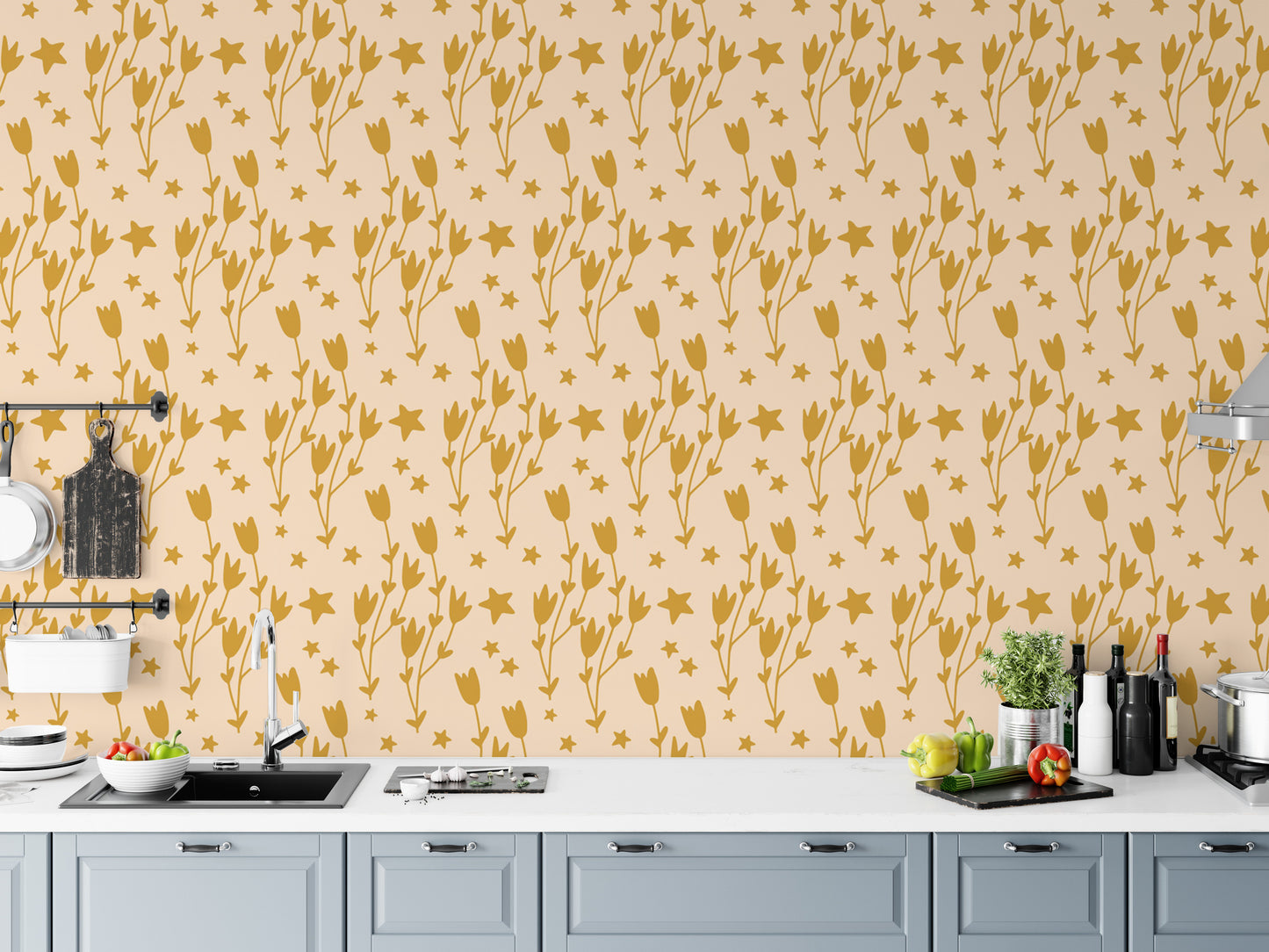 Floral and star mural wallpaper in yellow
