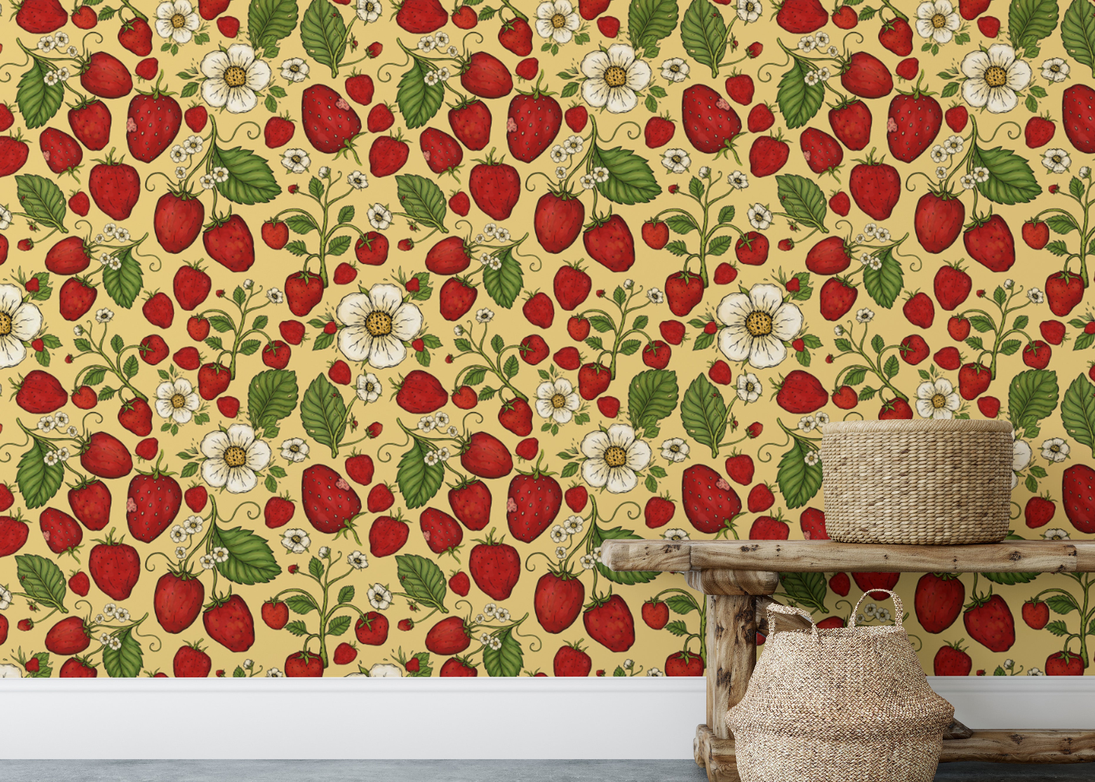 Fresh strawberry design wallpaper with bold yellow backdrop.
