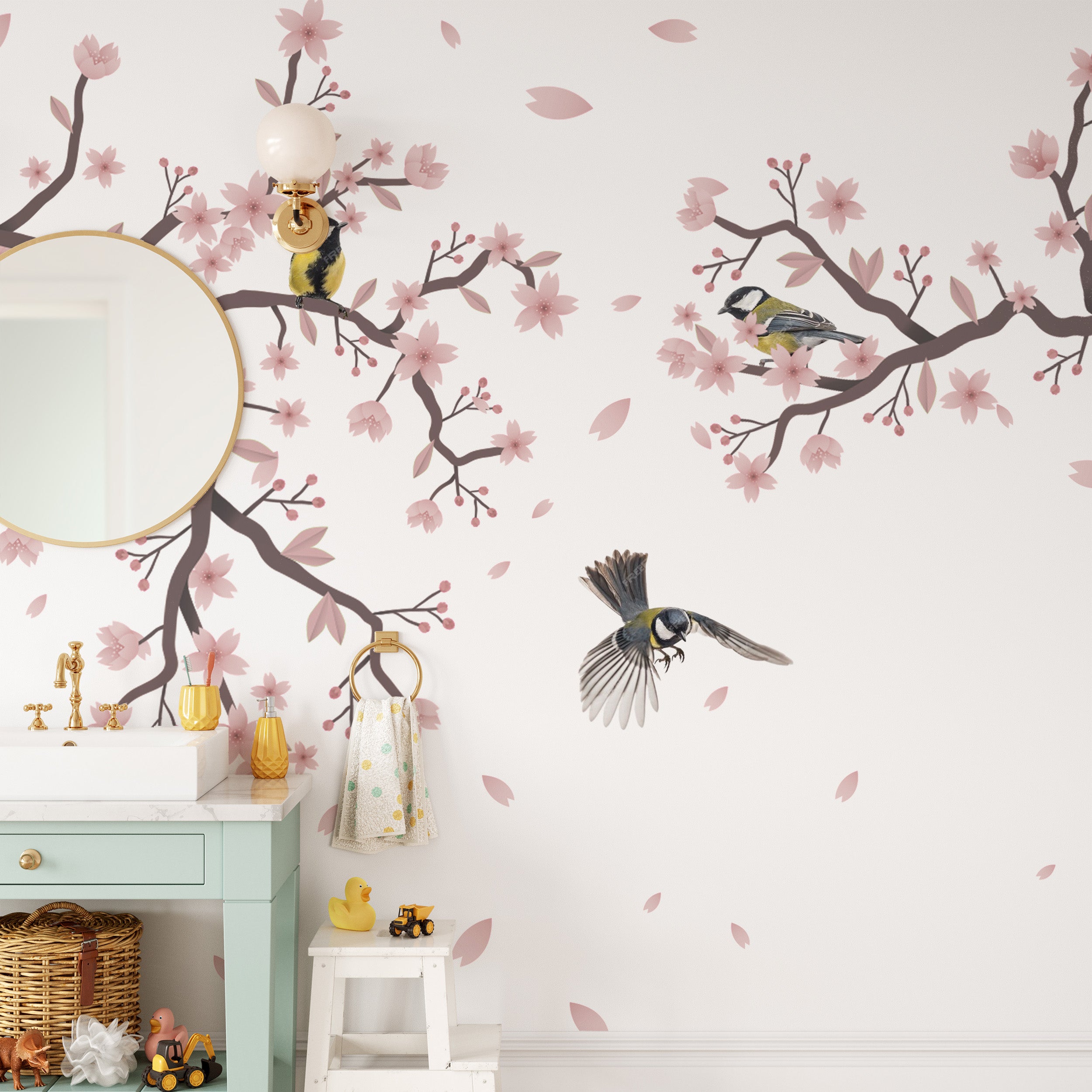 Sunset Titmouse Cherry Blossom Mural for calm spaces