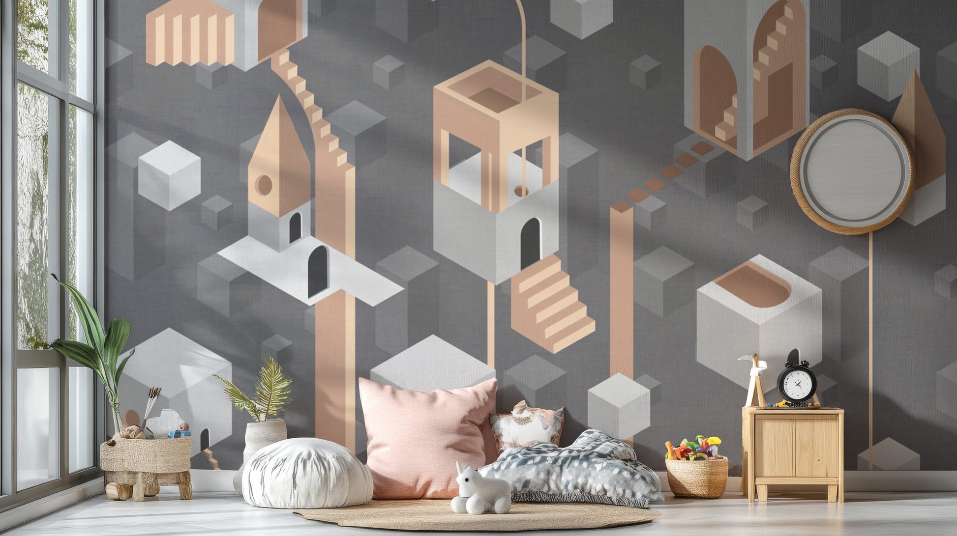 Gray Surreal Geometric Architecture Wallpaper in Isometric Style
