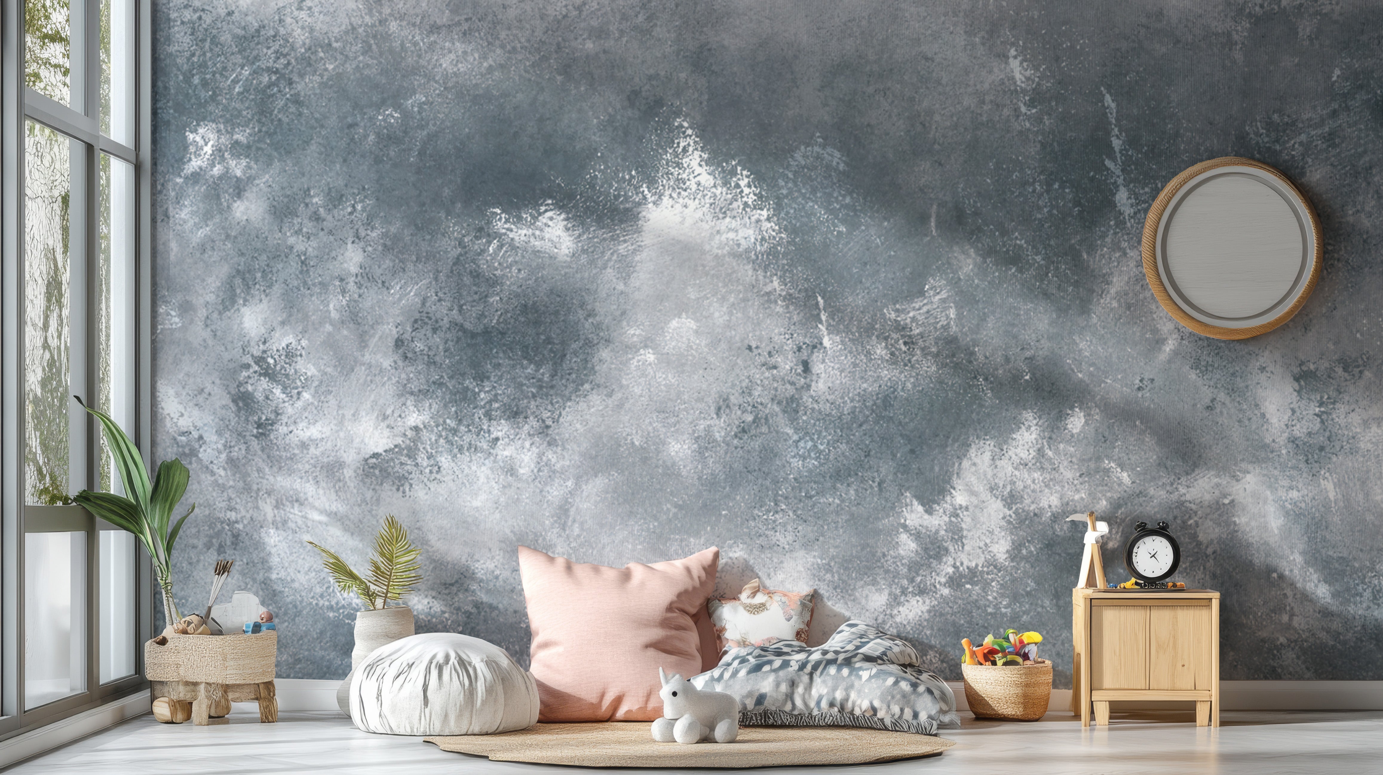 Dynamic abstract grey grunge mural for contemporary spaces.
