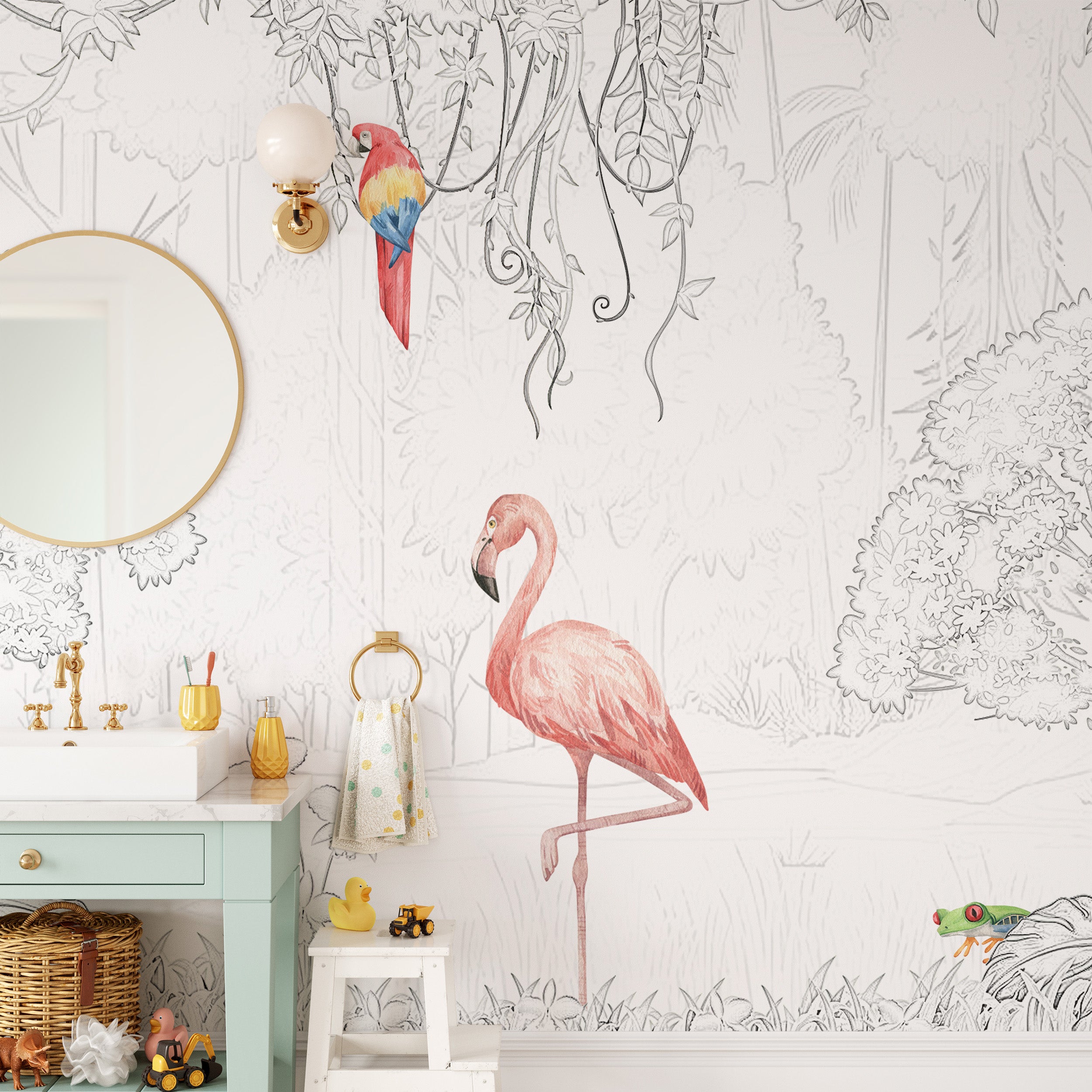 Tropical aviary wallpaper with sketched bird designs