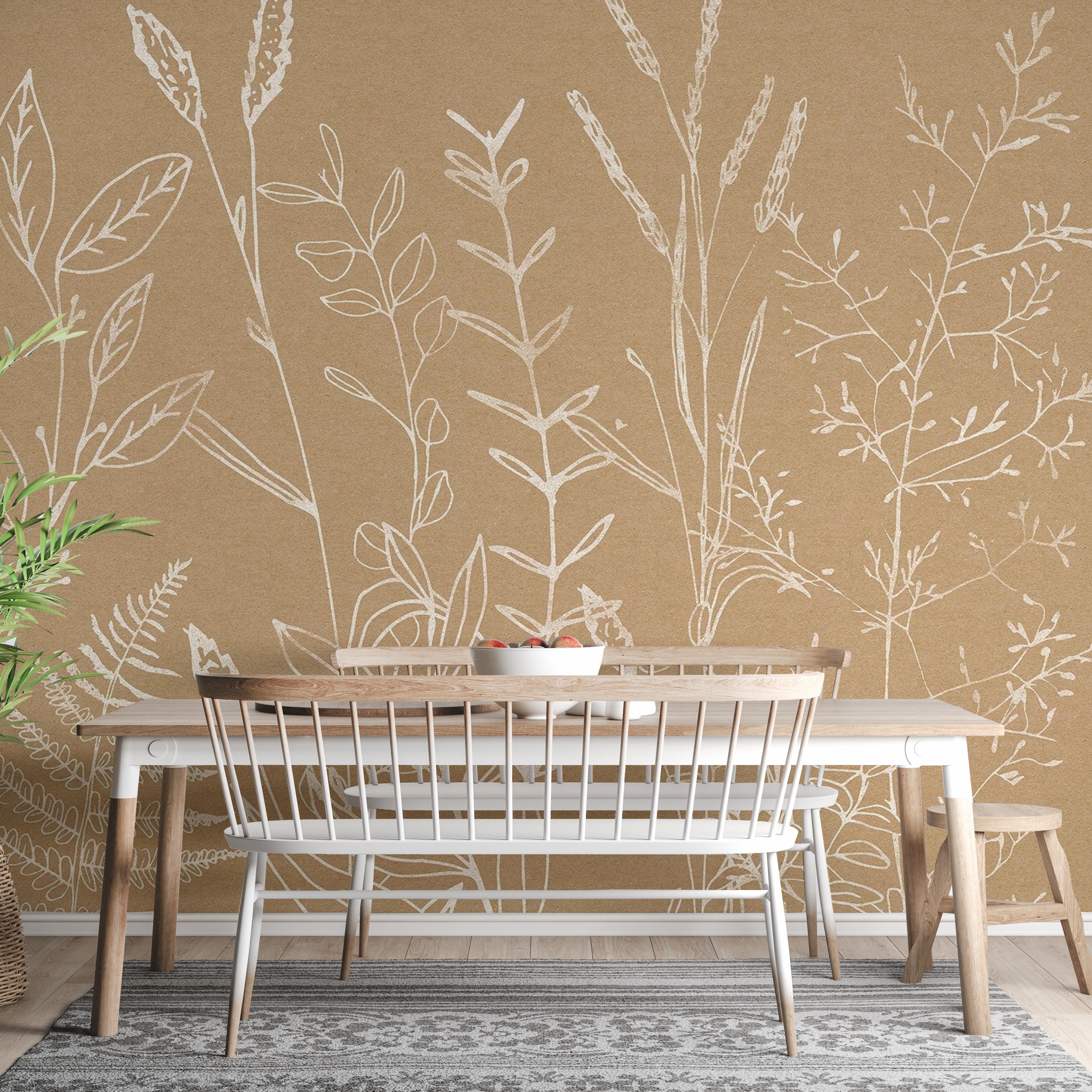 Subtle herbs garden mural in earthy beige hues