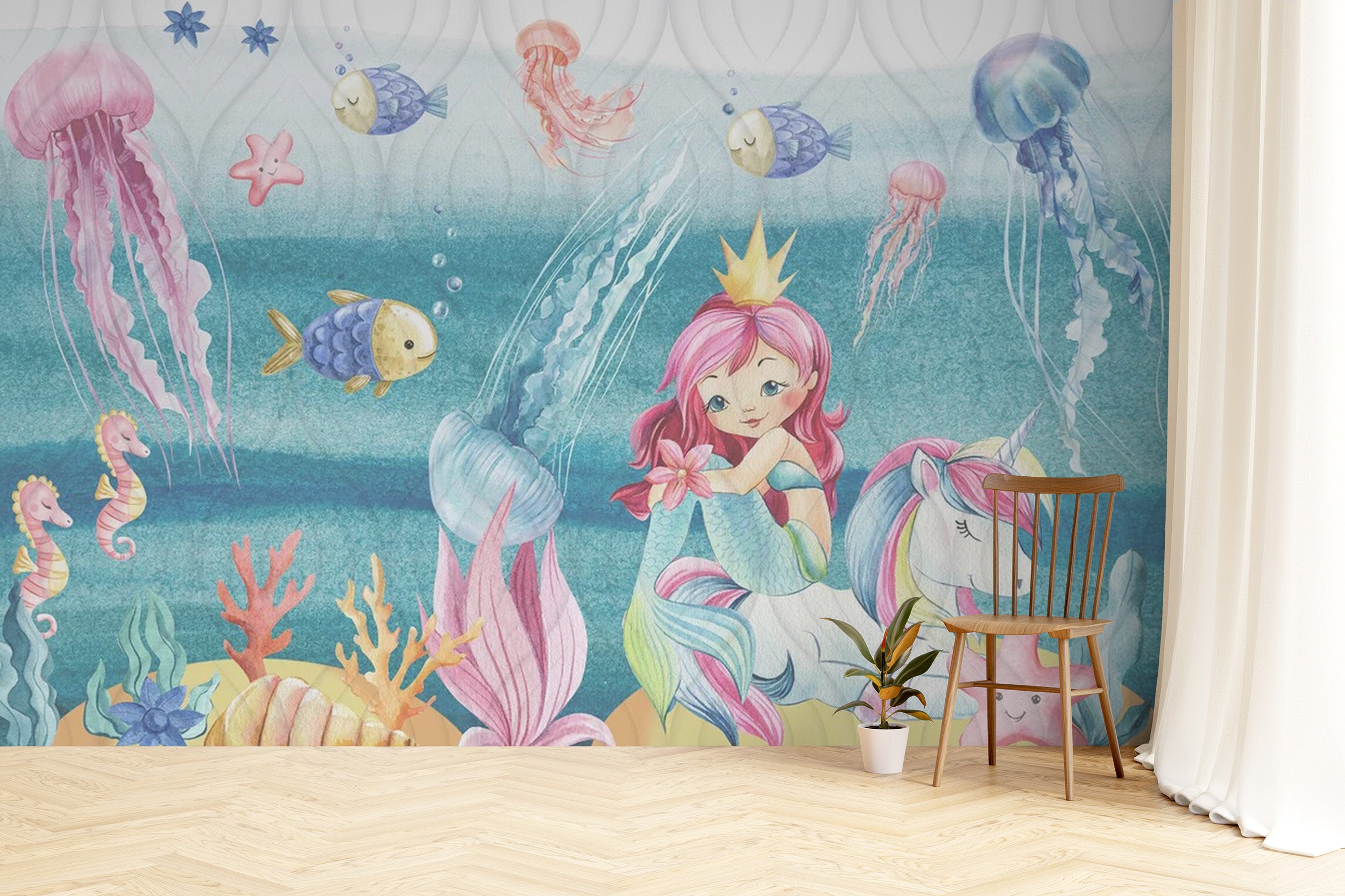 Mermaid-themed nursery wall mural design
