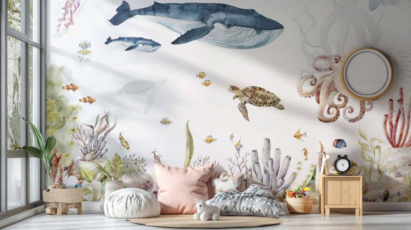 Watercolor ocean life wall mural with whales and corals
