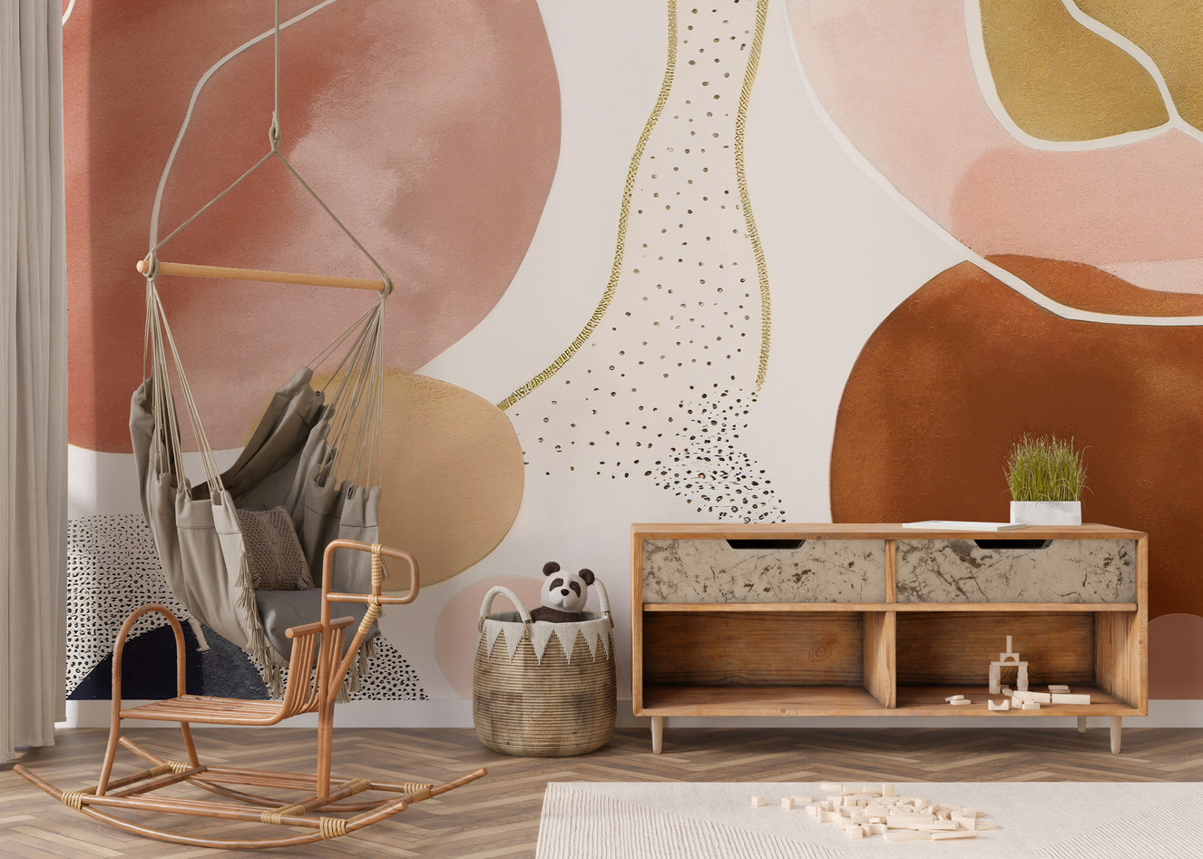 Abstract gold and pink organic shapes wall mural design.