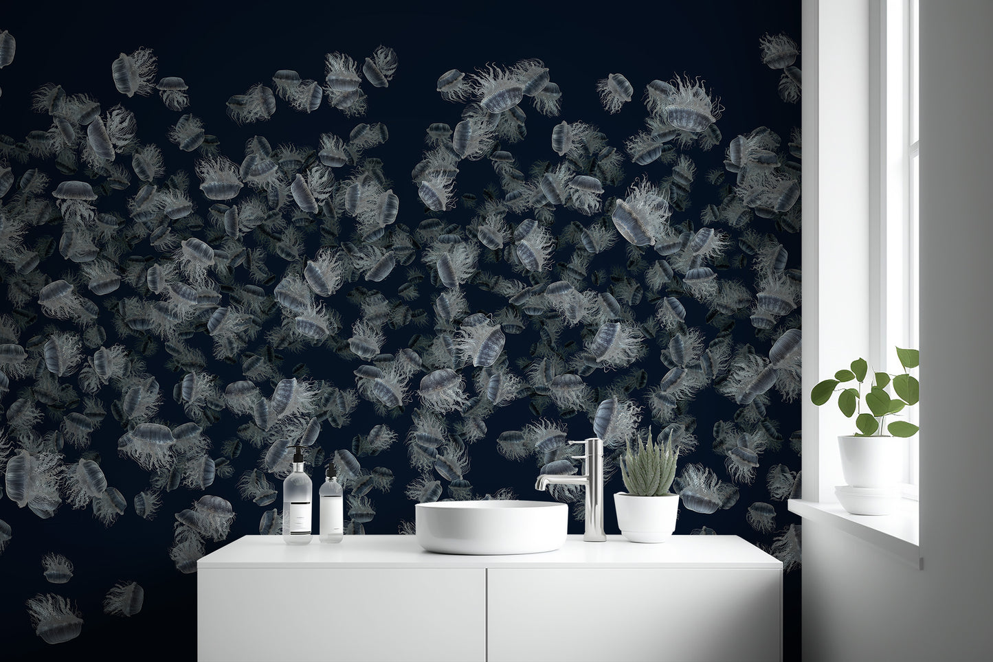 Dancing Jellyfish White on Dark Blue Wallpaper Murals