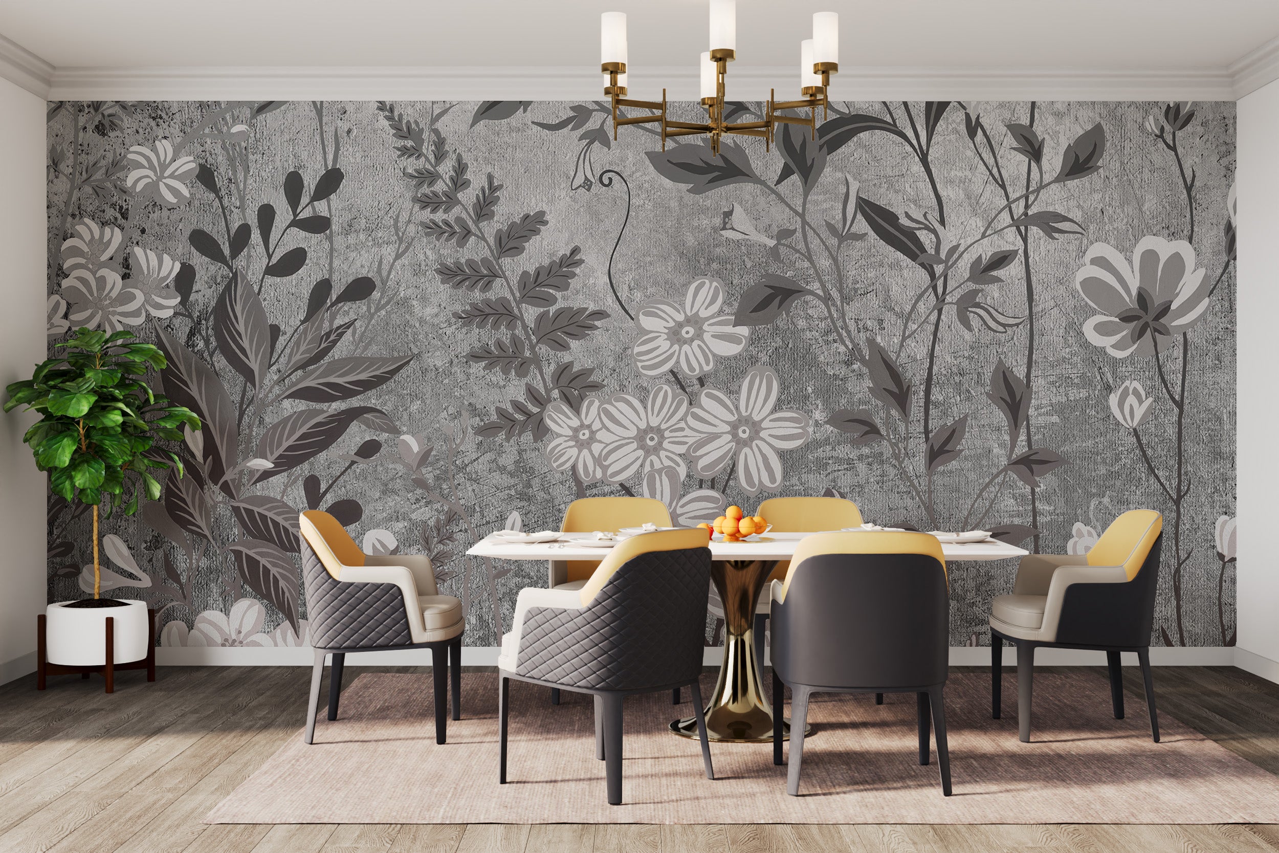 Classic nature-inspired wall mural with flowers
