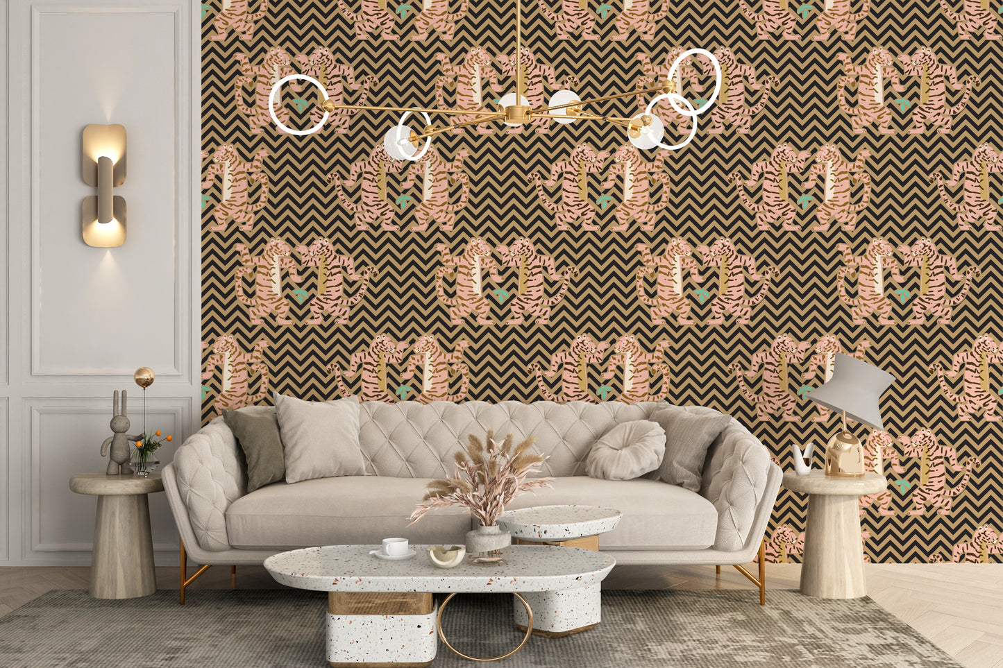 Dynamic tiger and zigzag design wallpaper in dark sand