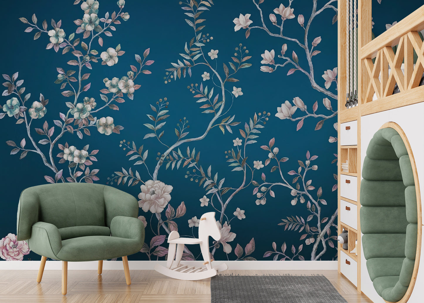 Sophisticated blue chinoiserie mural for interiors