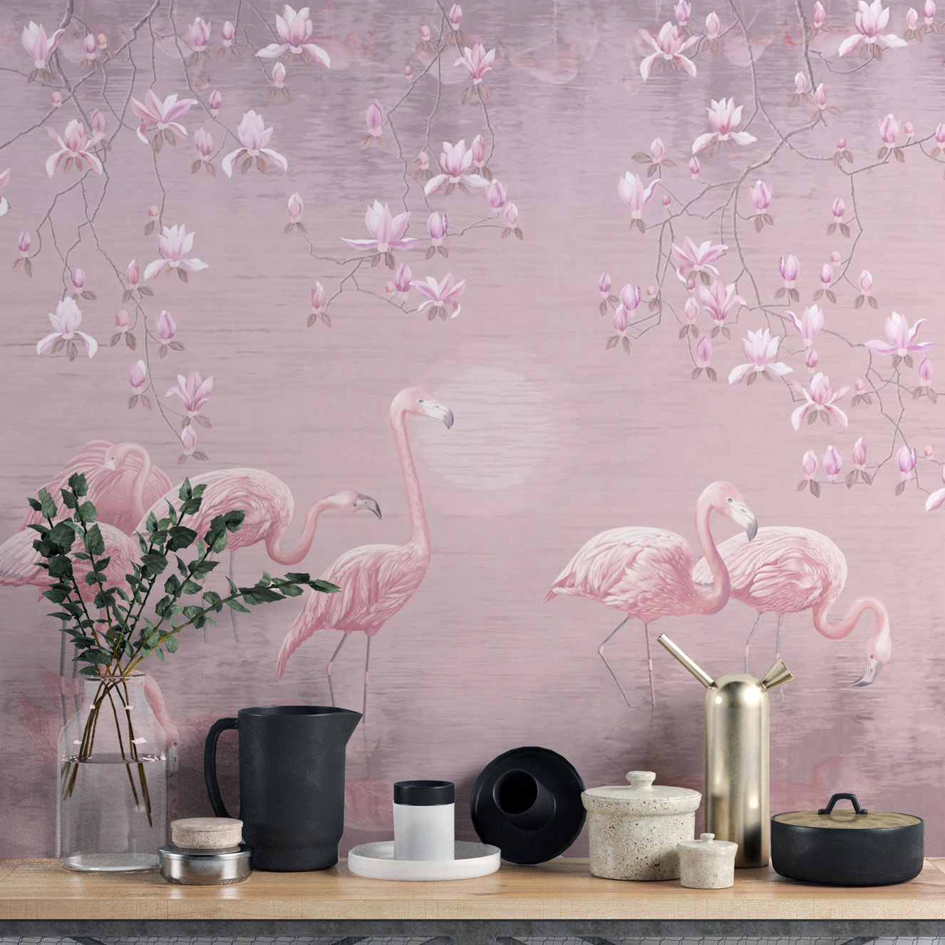 Elegant pink magnolia flamingo haven mural design