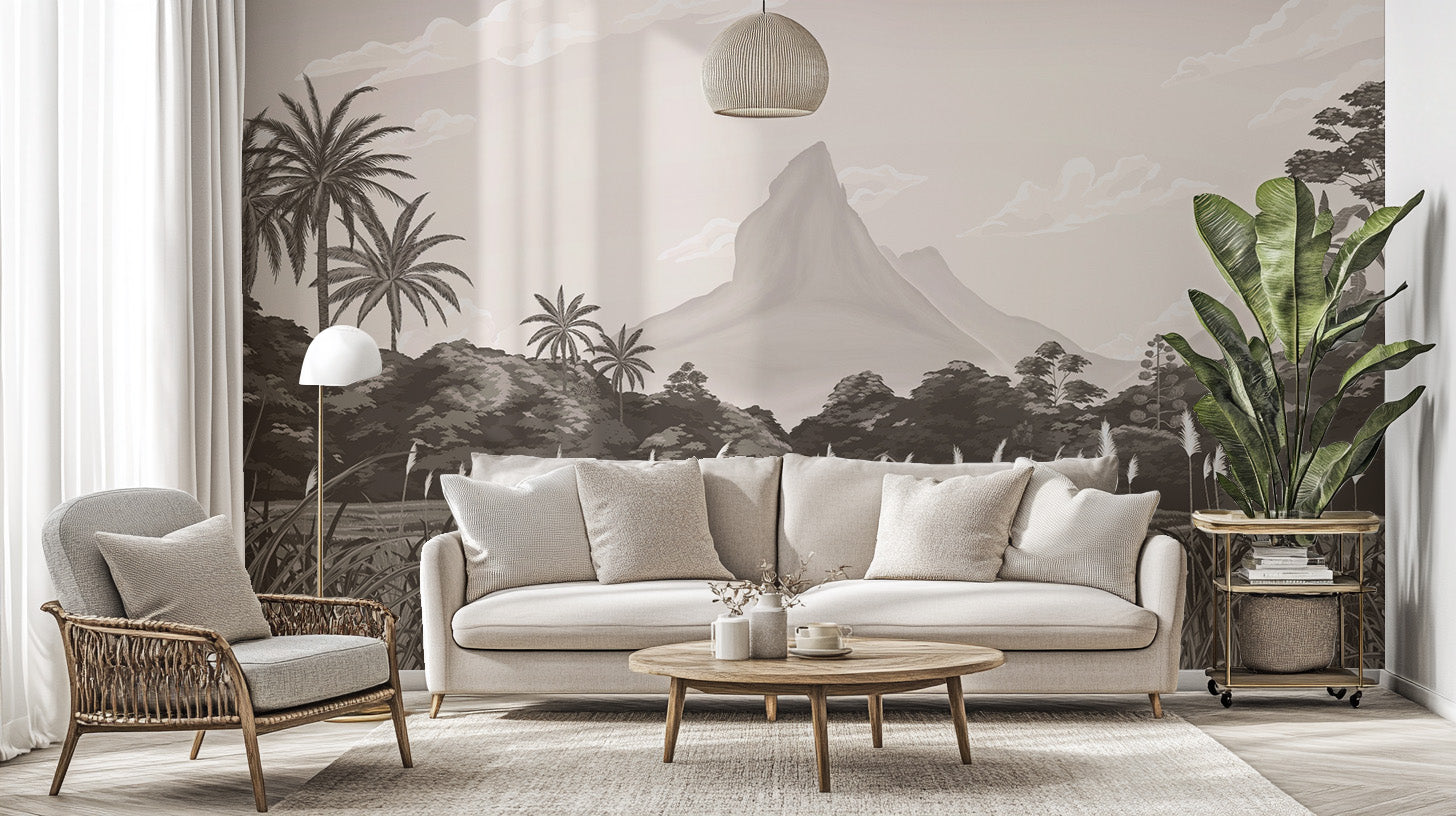 Monochrome tropical jungle wall mural with mountain scenery
