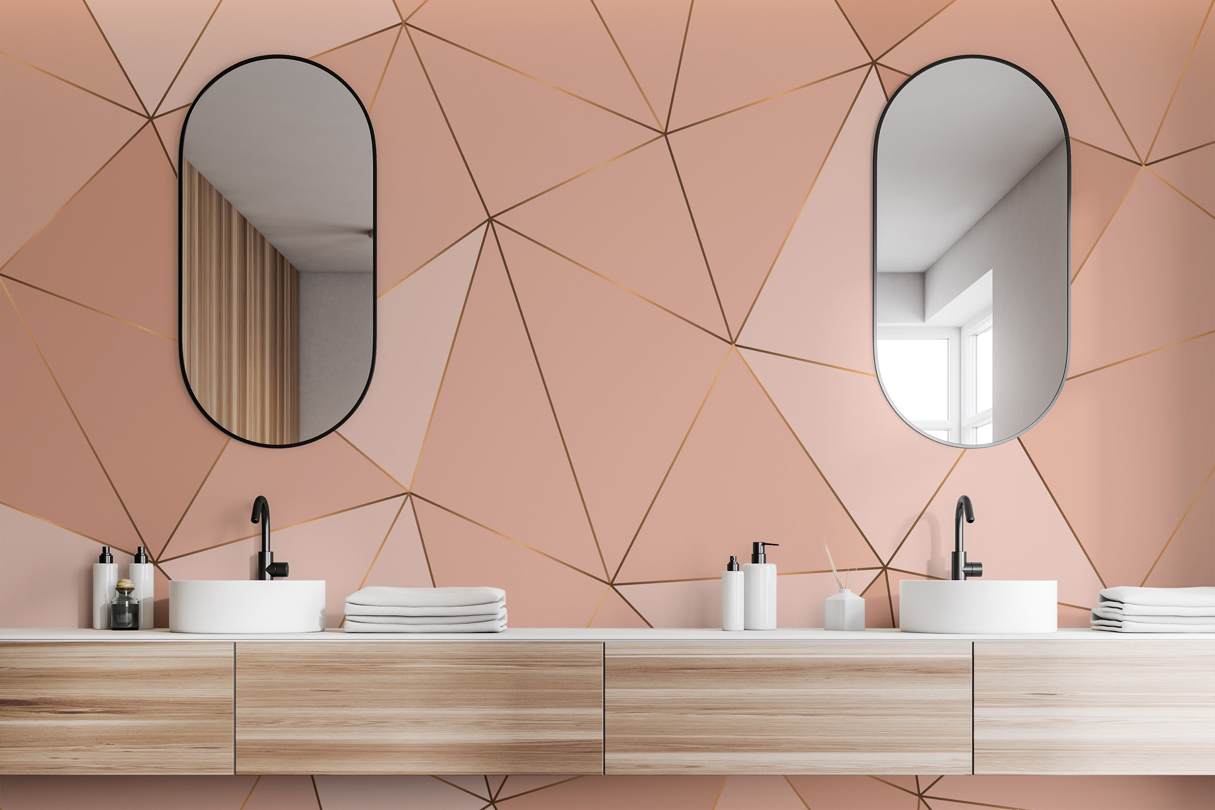 Peach-toned geometric wallpaper creating a balanced mural look.
