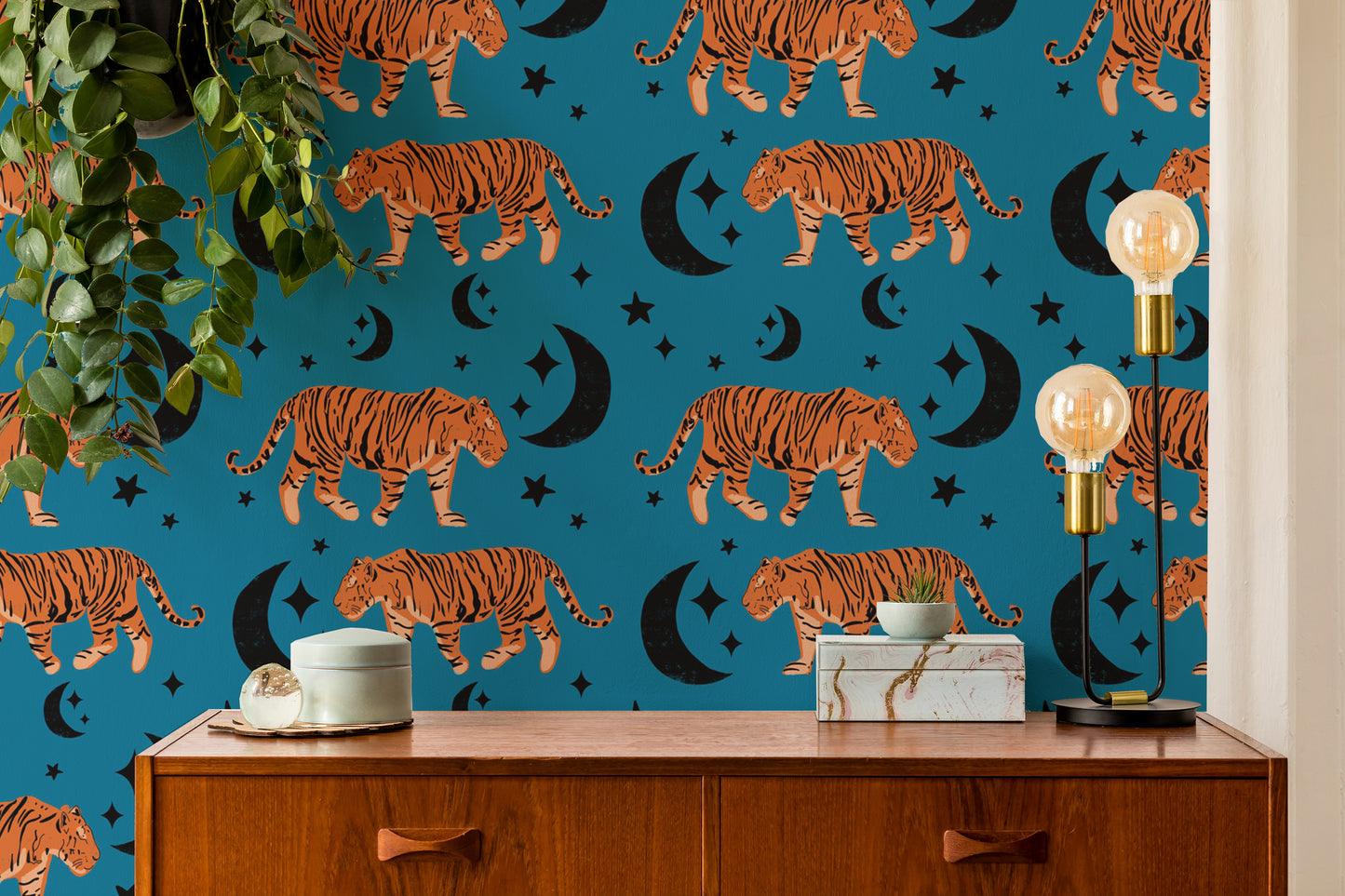 Nature-inspired Tiger Moon Blue Kids Room Wallpaper