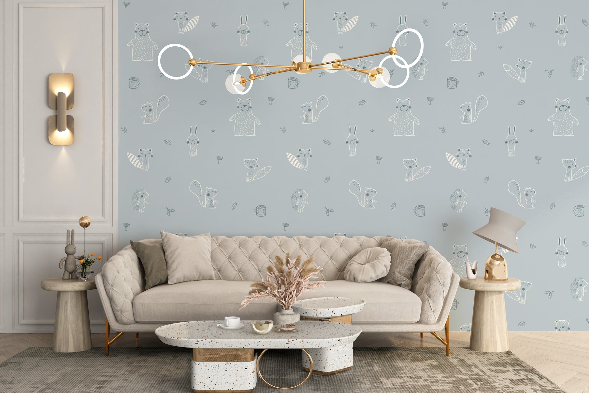 Gentle blue forest friends wallpaper for timeless decor.
