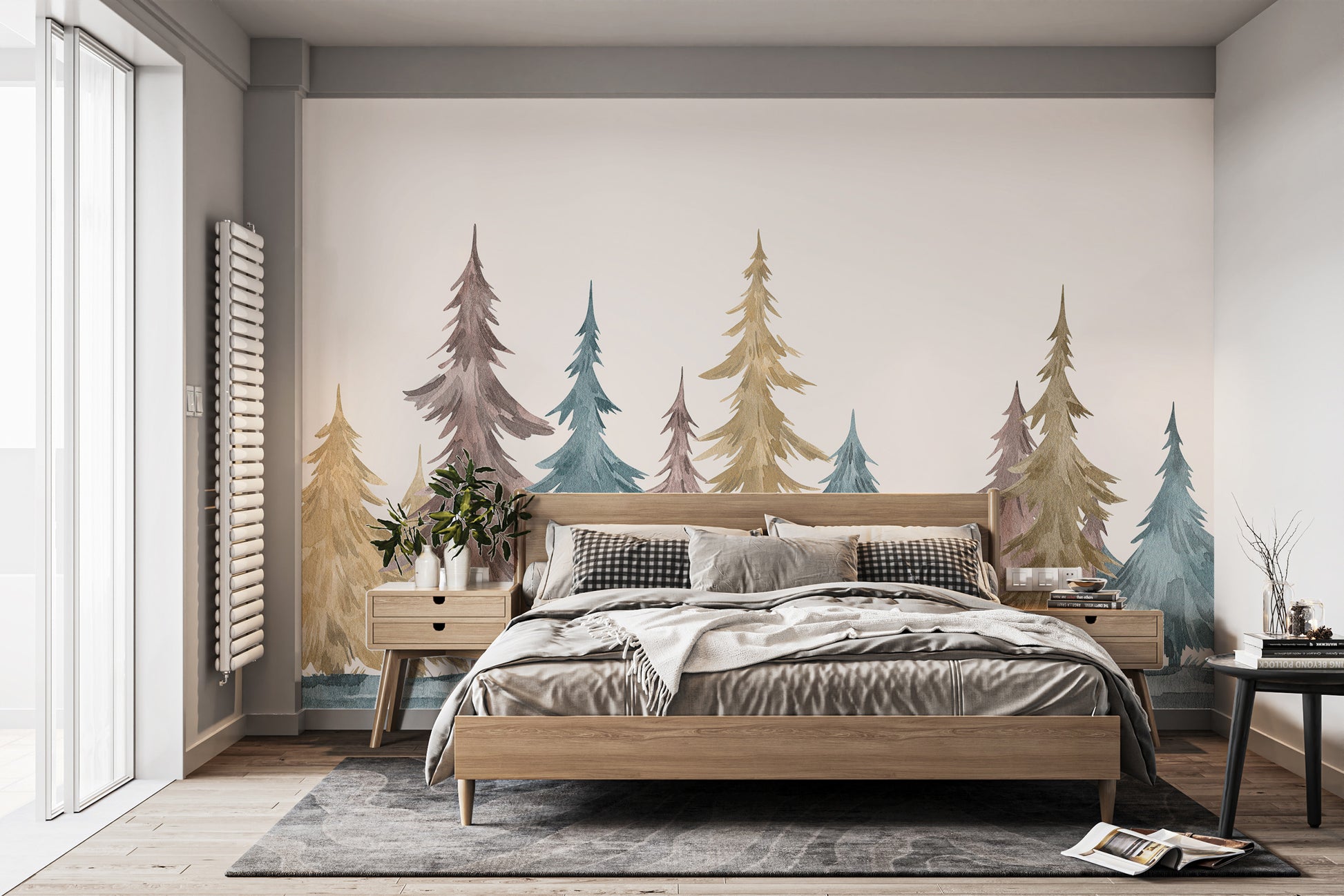 Beautiful alpine scene mural with rich evergreen accents.
