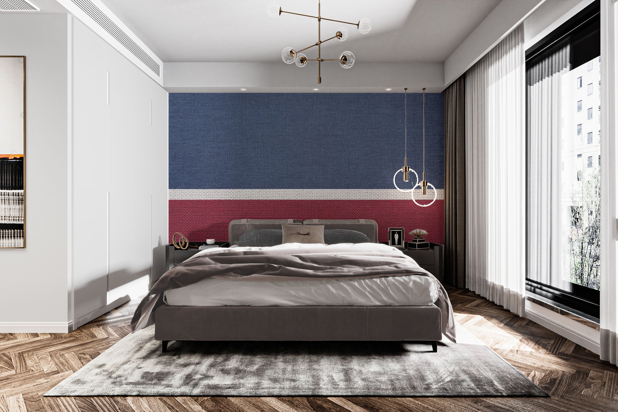 Contemporary blue and red fabric wall mural
