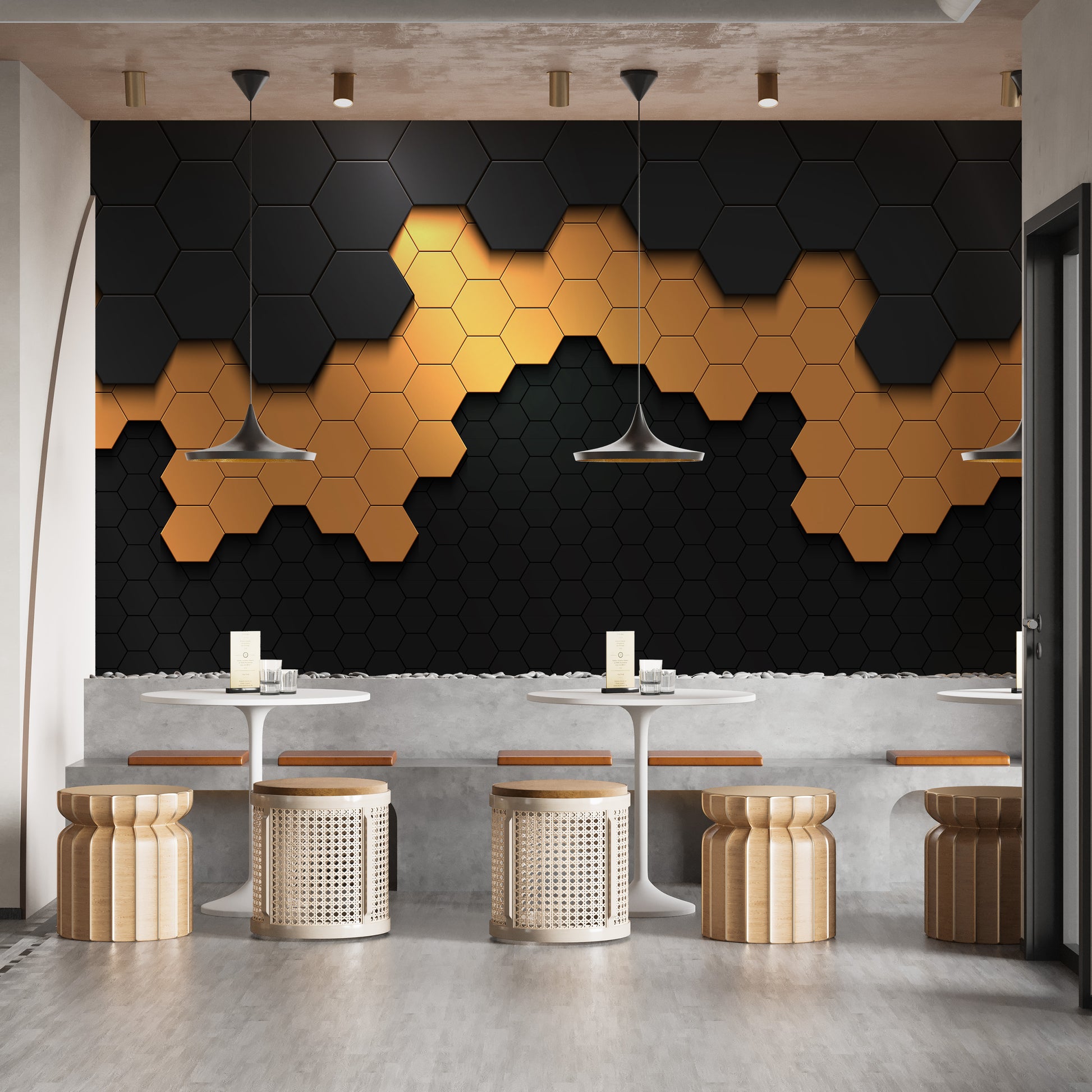 Contemporary black and gold hexagon mural
