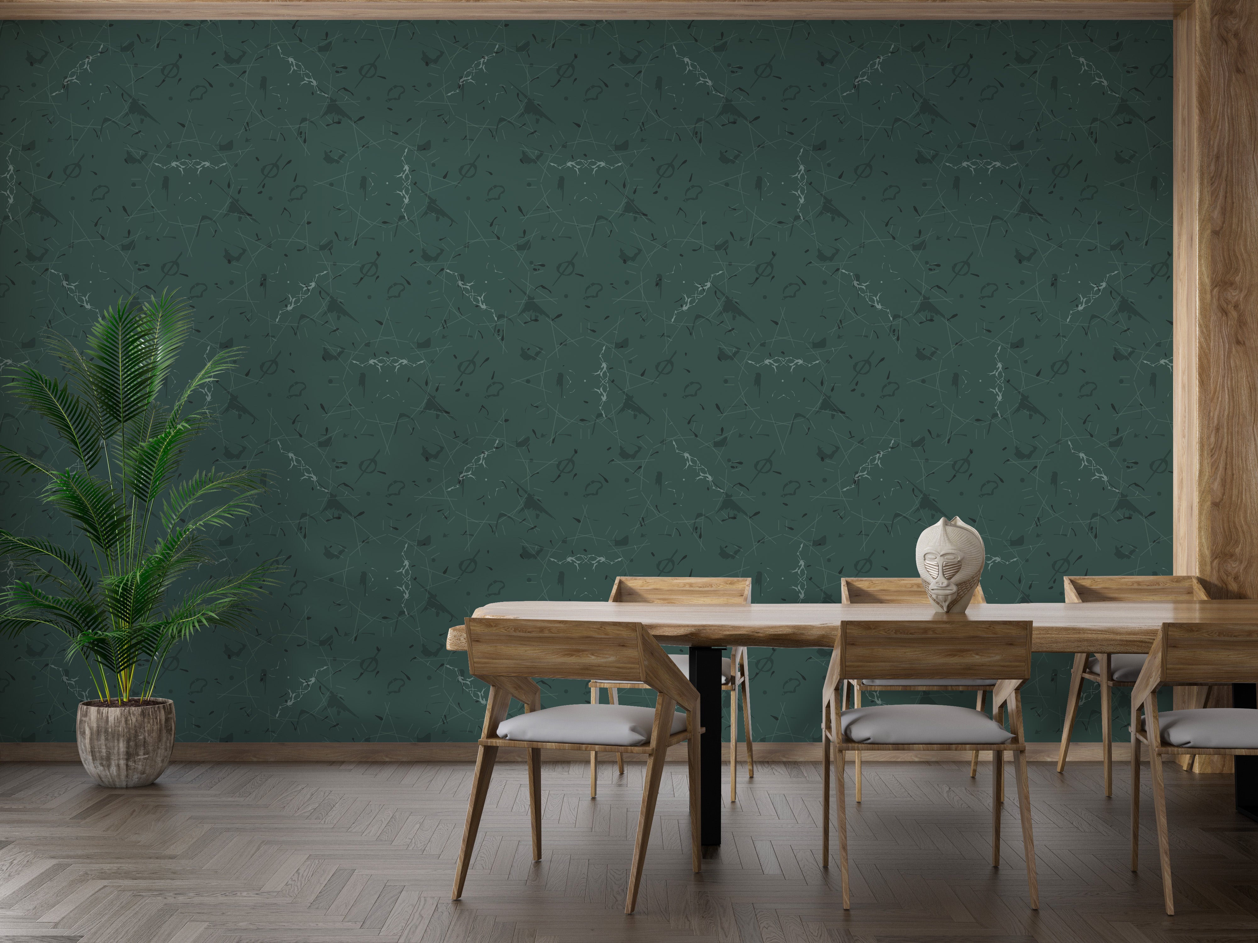 Repeating line art pattern on green wallpaper.