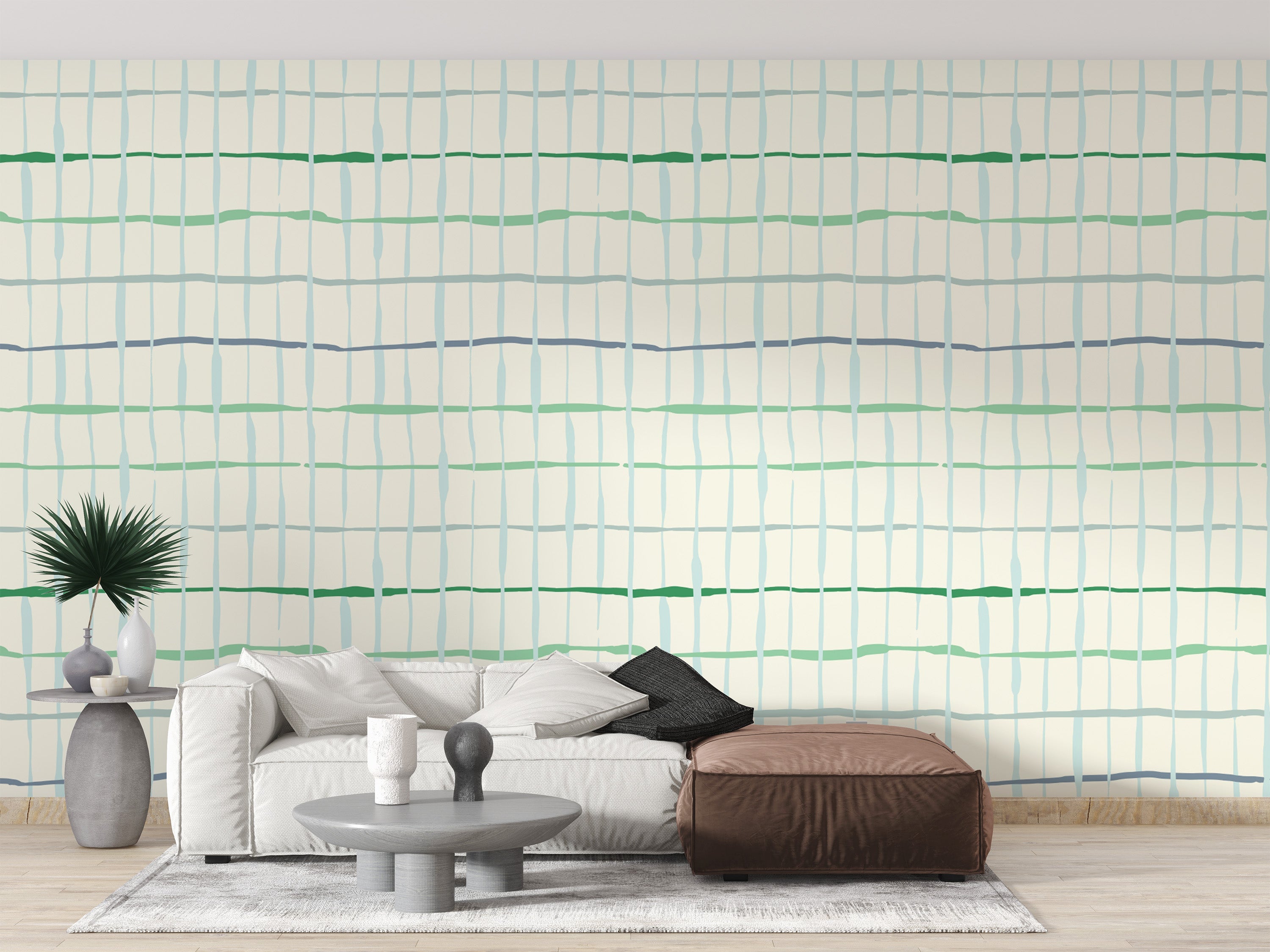 Light green mural with elegant handdrawn line details
