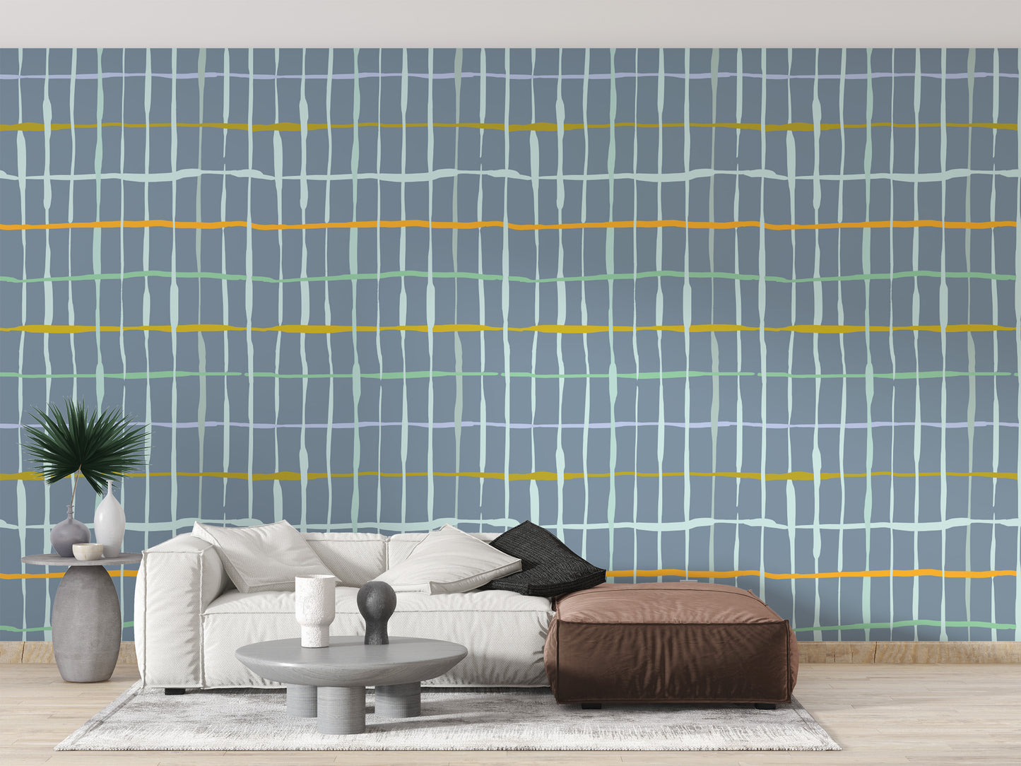 Handdrawn lines wallpaper in calming slate blue shades
