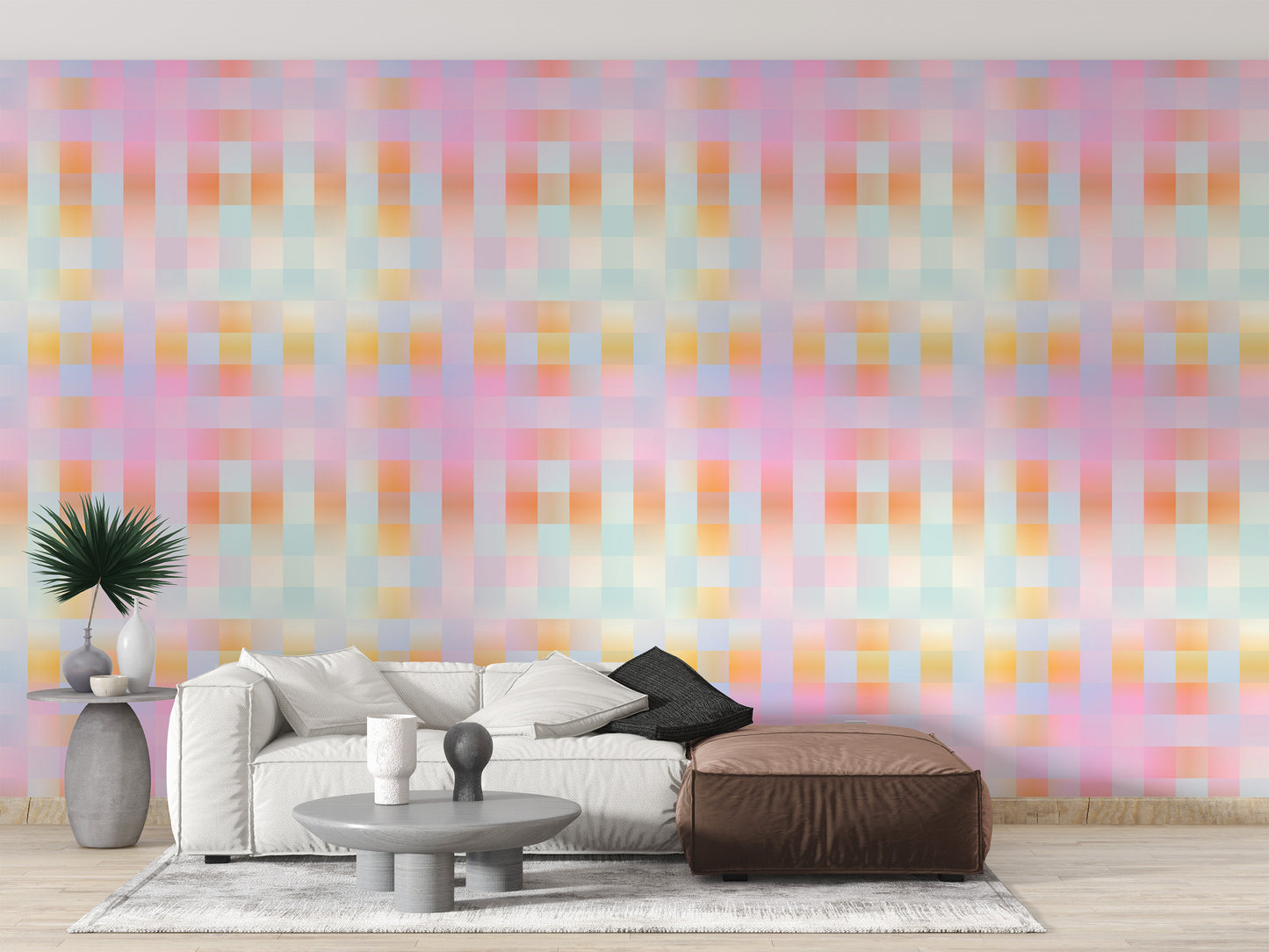 Gradient plaid mural for a chic and cozy wall design.