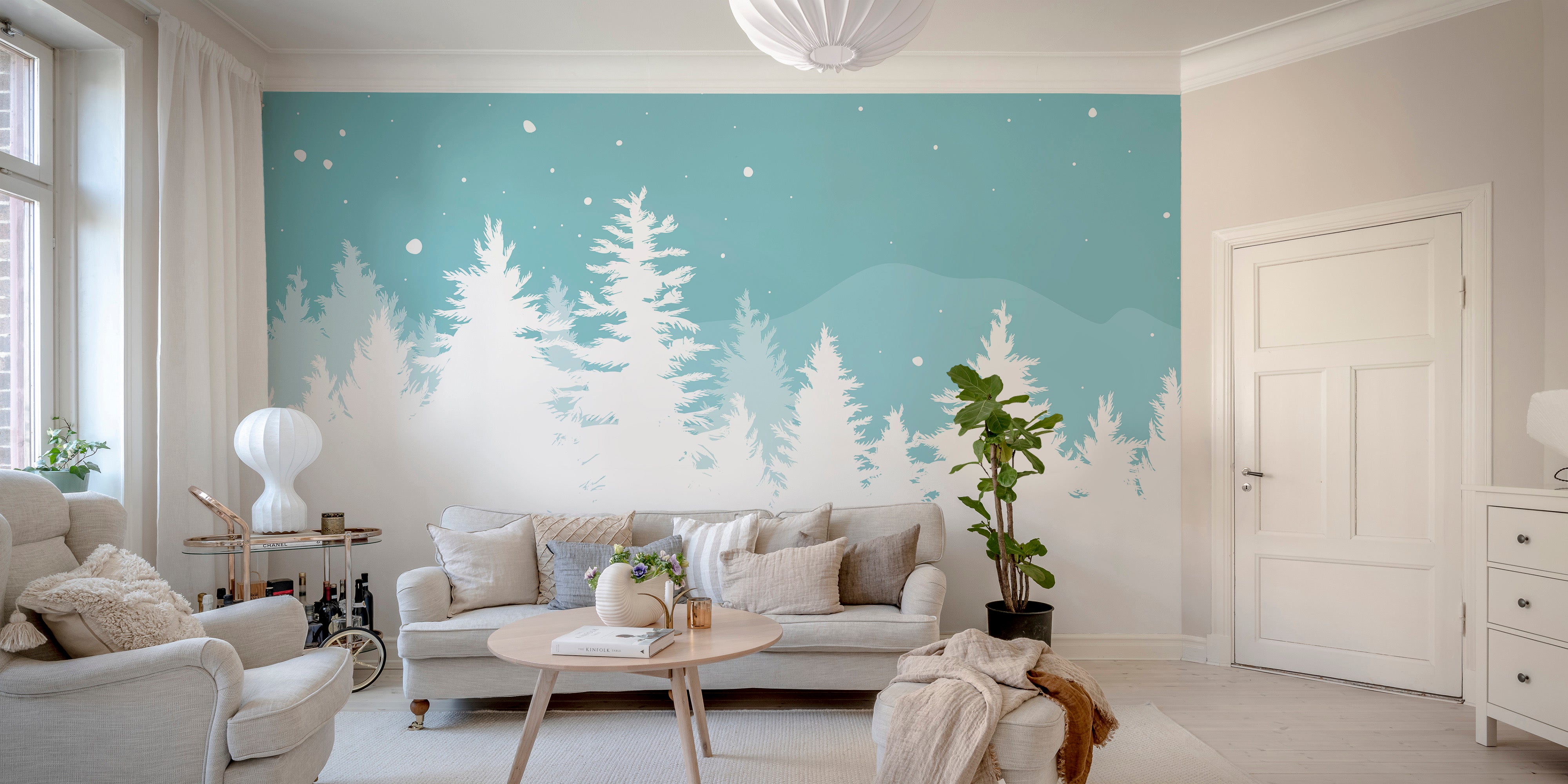 Frosted pine tree wallpaper adding elegance to Christmas settings.
