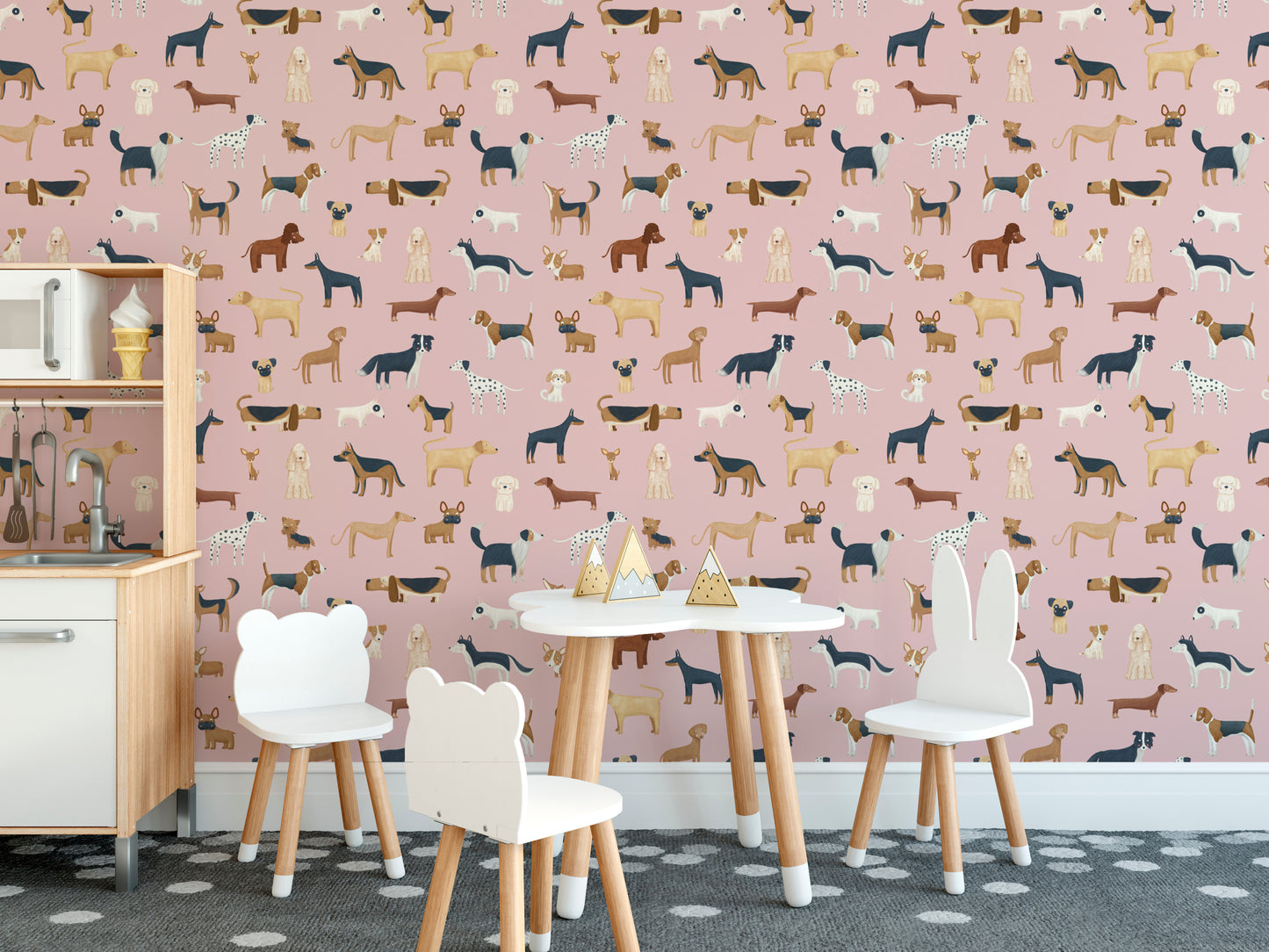 Dog-themed pink wallpaper for nurseries
