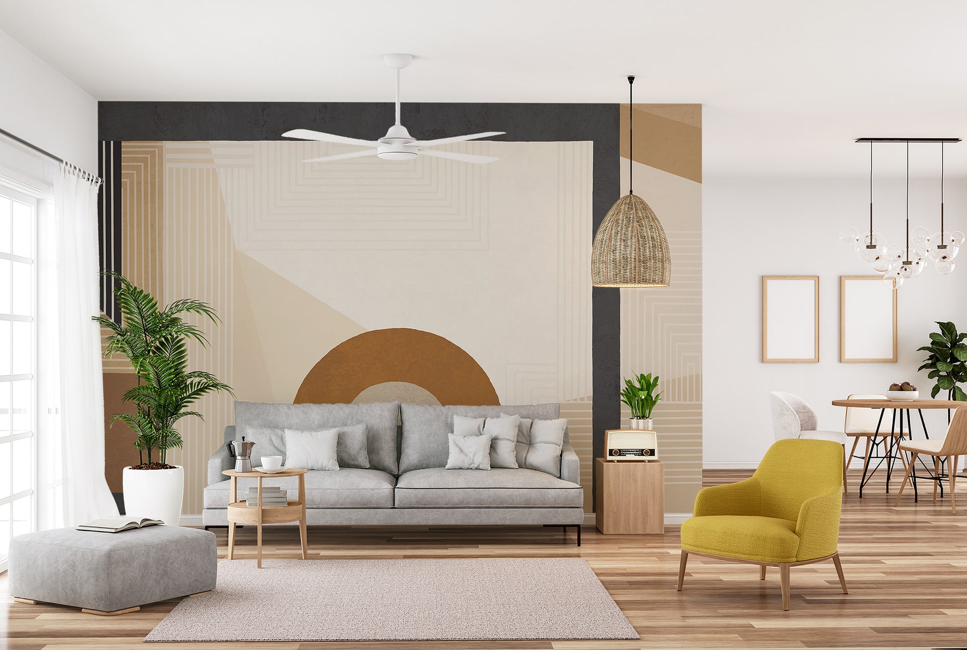 Geometric art mural uplifts your living room interior