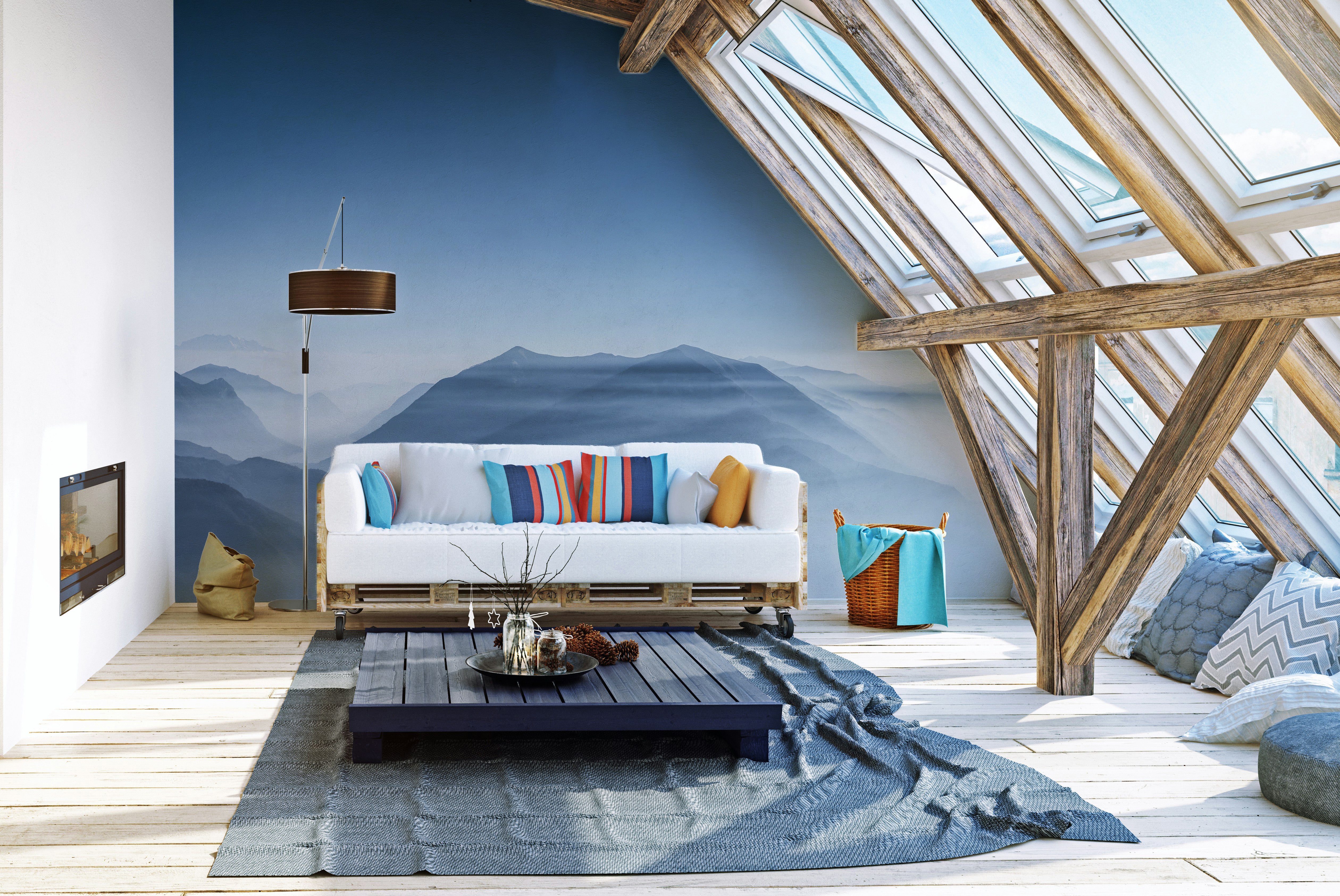 Soothing hilltop mural in azure tones for peaceful interiors.
