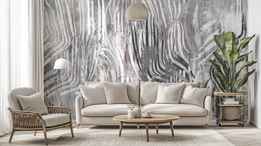 Living room pops with bold modern abstract mural design