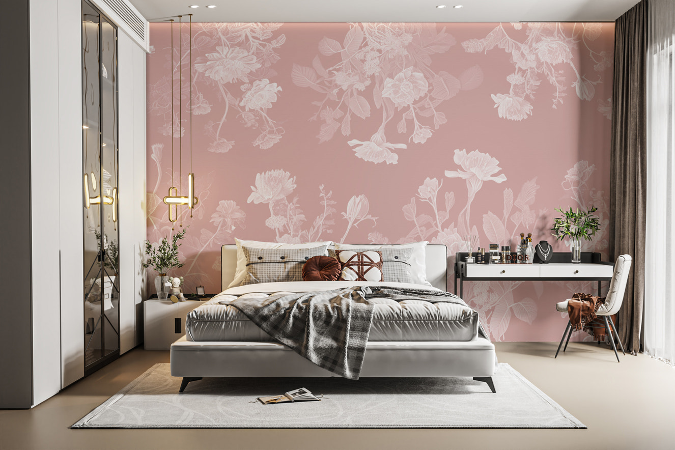 Pink flower wallpaper mural for a soft, romantic bedroom look.