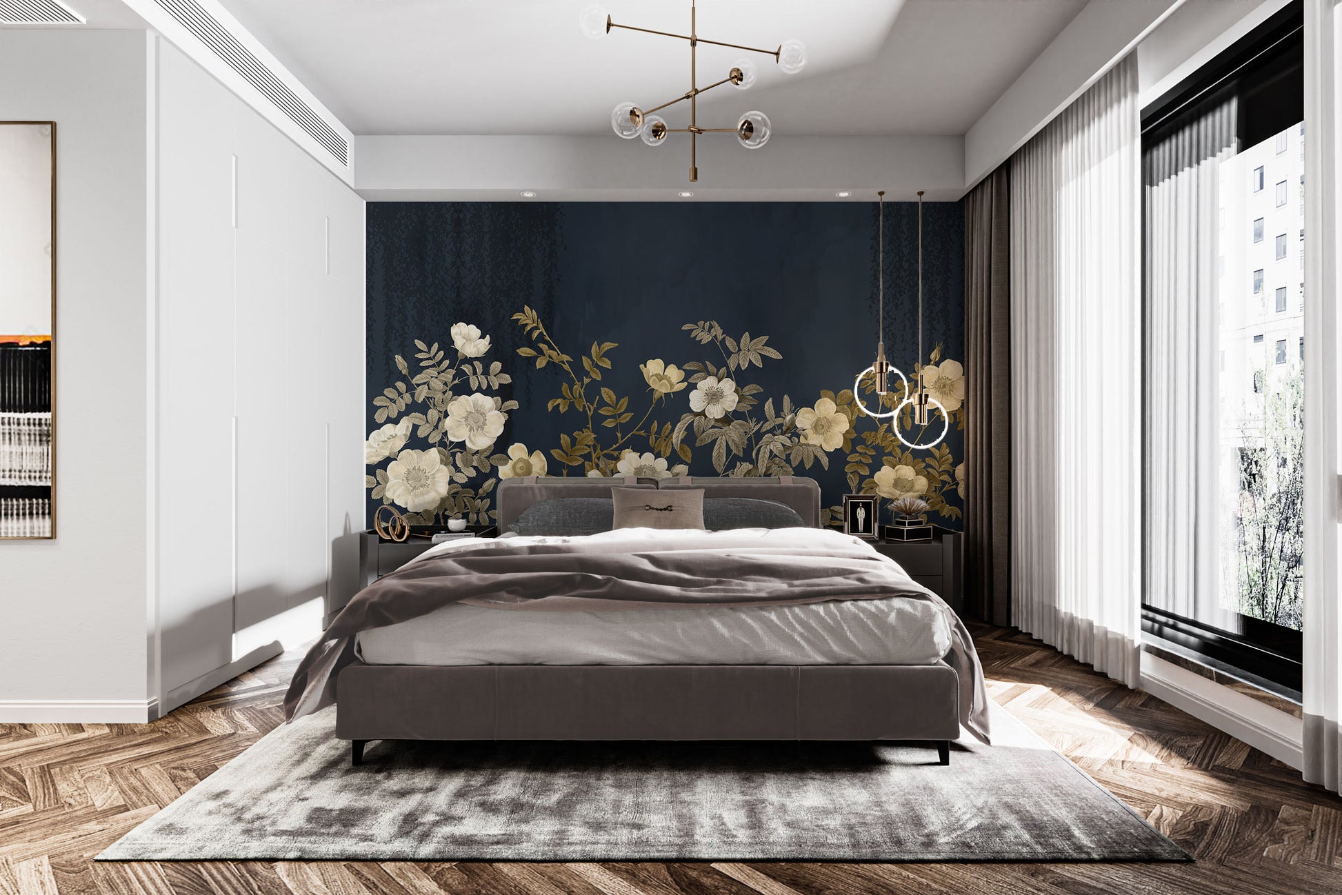 Midnight wallpaper mural with intricate gold flora accents.
