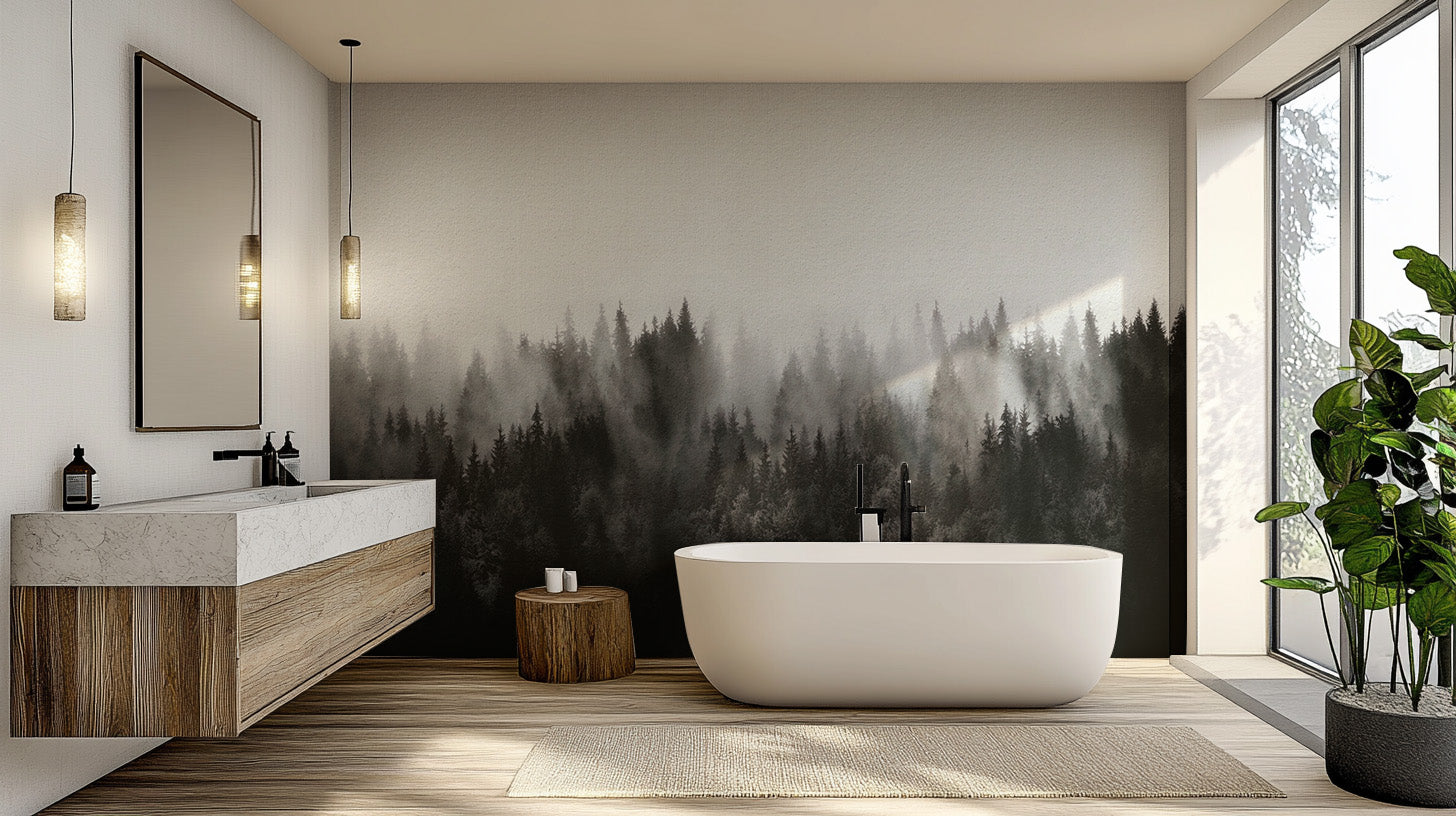 Misty pine forest wallpaper adds depth to any interior.
