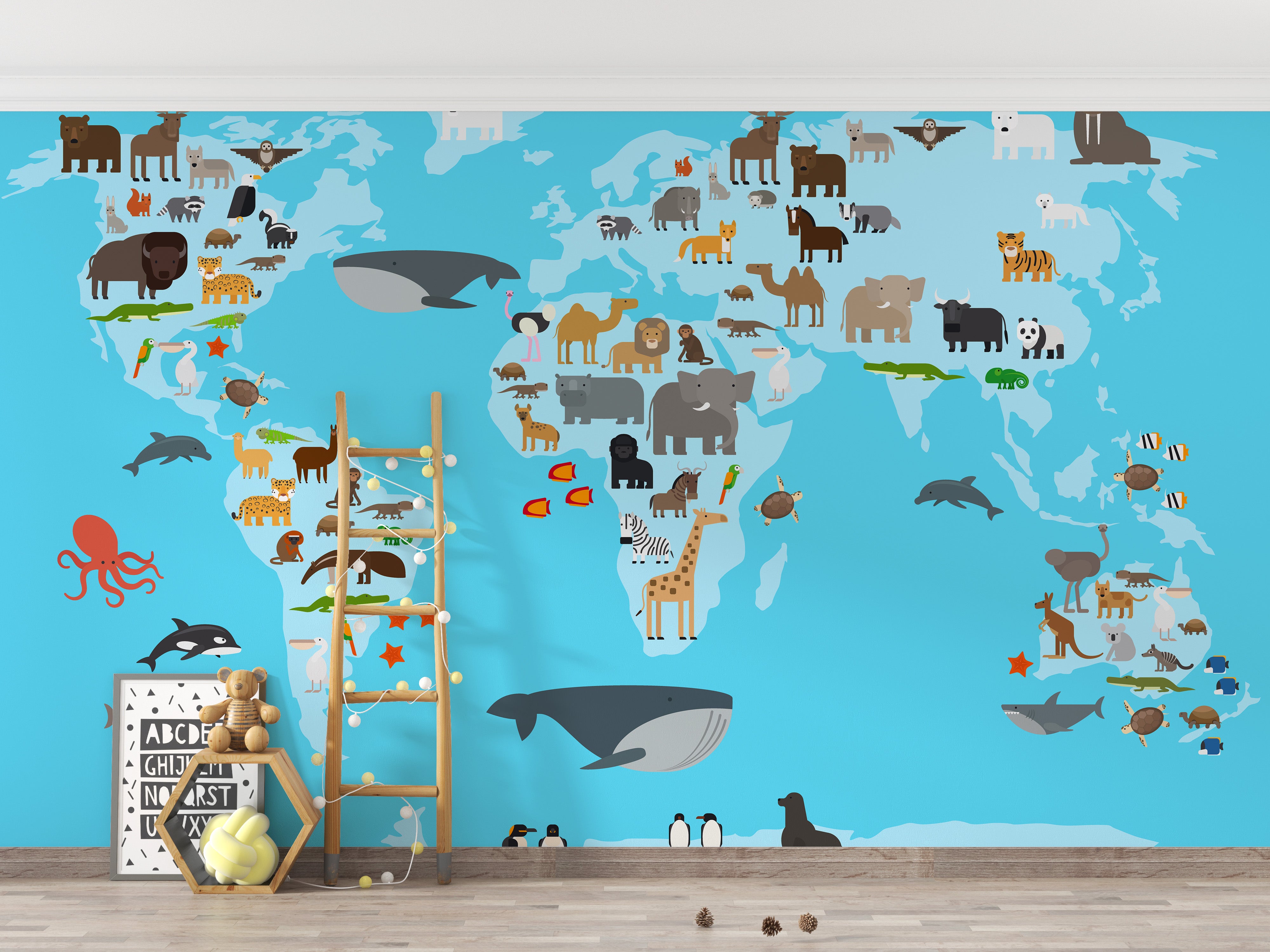 Playful animals map wallpaper for kids' learning and play areas.
