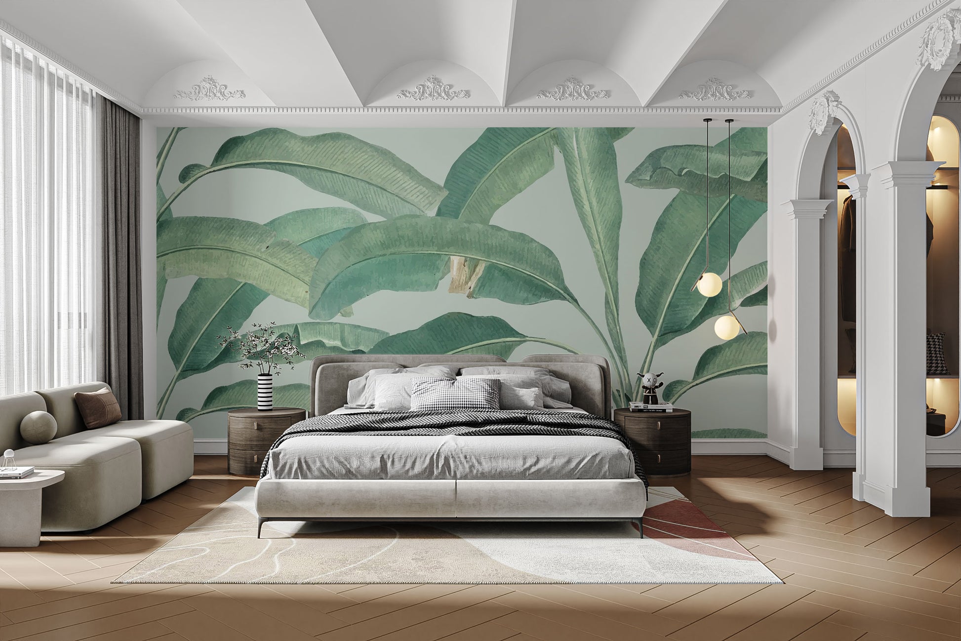 Green banana leaf wallpaper with a natural tropical theme.