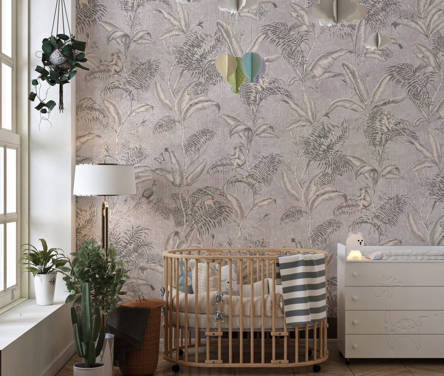 Darwin Gray Wallpaper with Tropical Leaf Pattern Design
