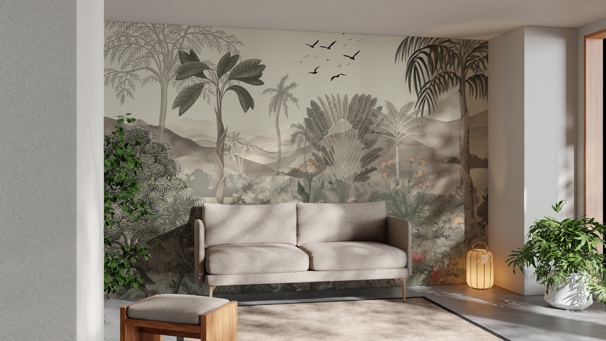 Vibrant tropical forest wall mural design
