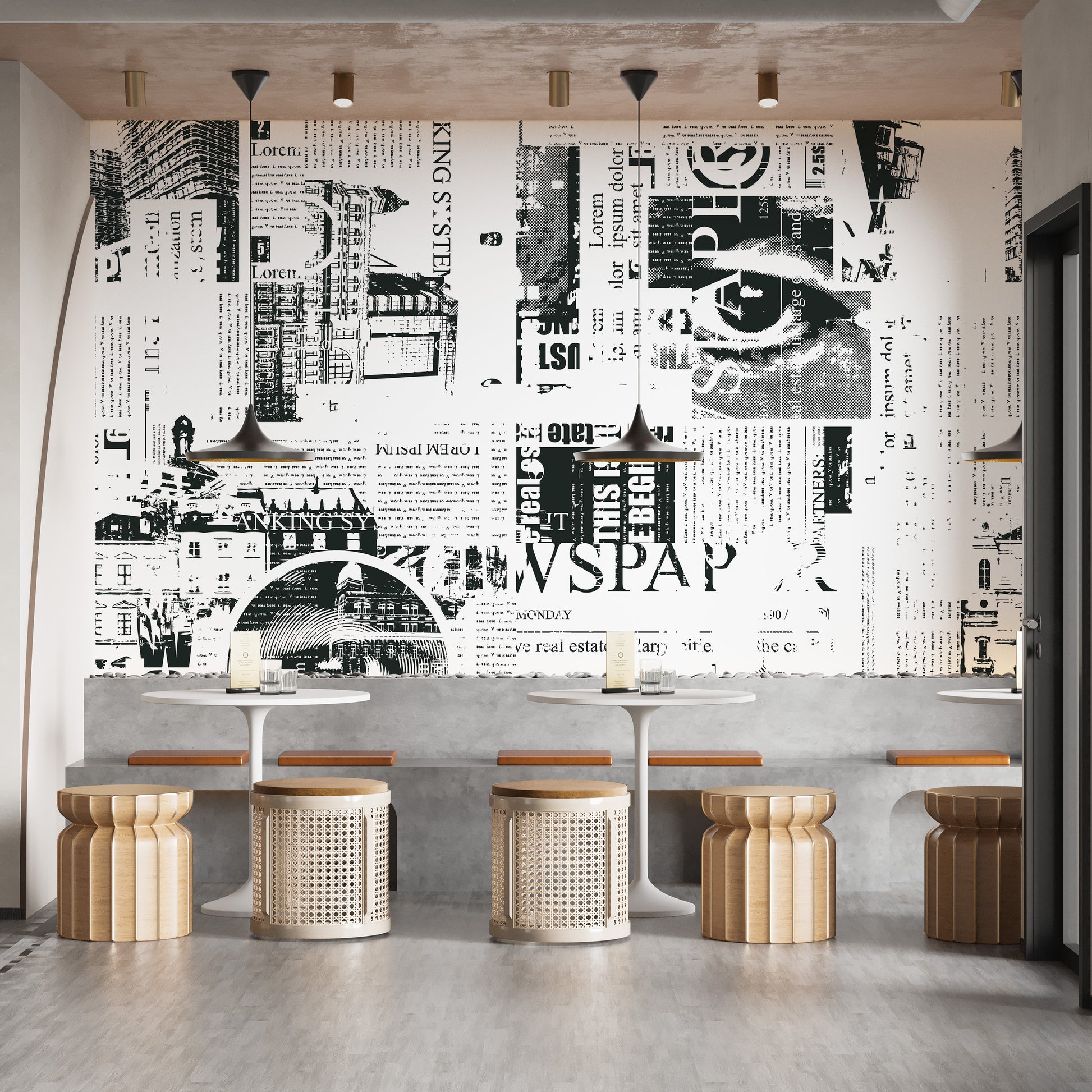 Modern black and white newsprint mural
