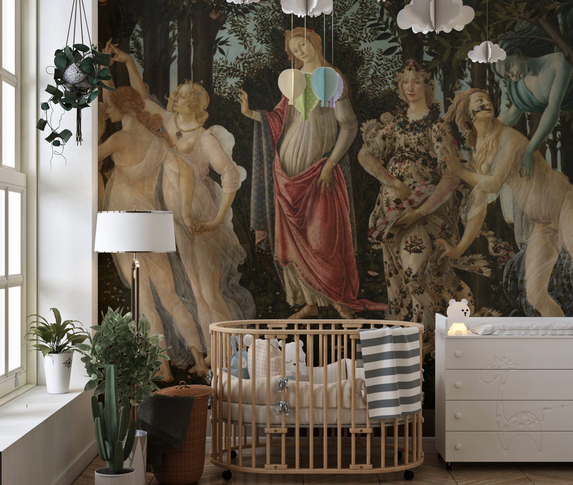 Stunning Botticelli wall mural with Primavera garden charm.
